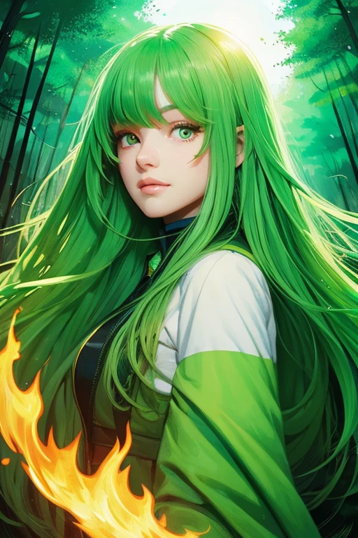 Burning the forest,girl,An illustration,green hair