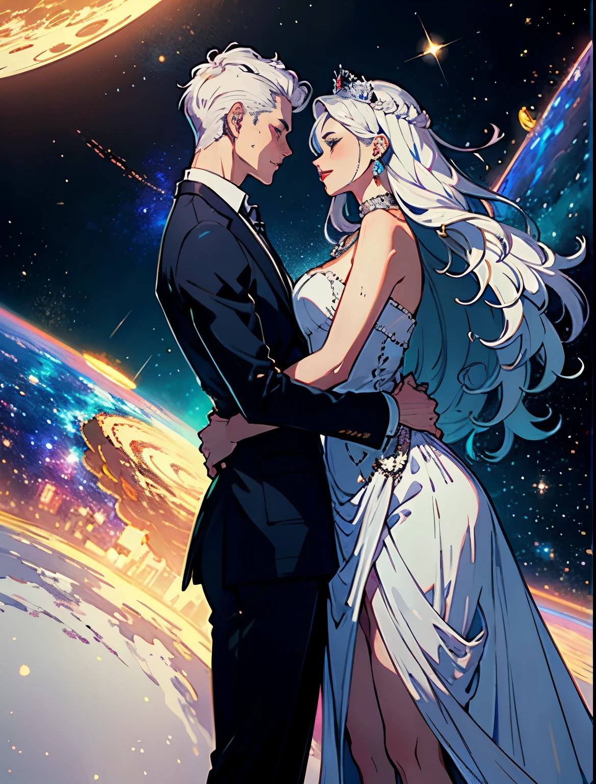 ((figure)), colorful, wallpaper, energy,secret,magical environment, Snazzy, perfection, elegant kindness, trendy Art Station, romance, passion, nice, Lovers, Lovers, touch, very detailed, look at each other,god々New,godのように美New,White-haired and silver-haired lovers,long hair,swaying hair,wearing a crown,god々King and Queen of,space background,Couples with height difference,There is a difference in physique