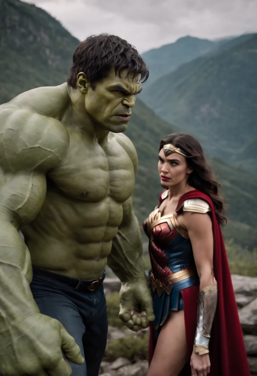 "Amazing Hulk x Wonder Woman",mountain atmosphere