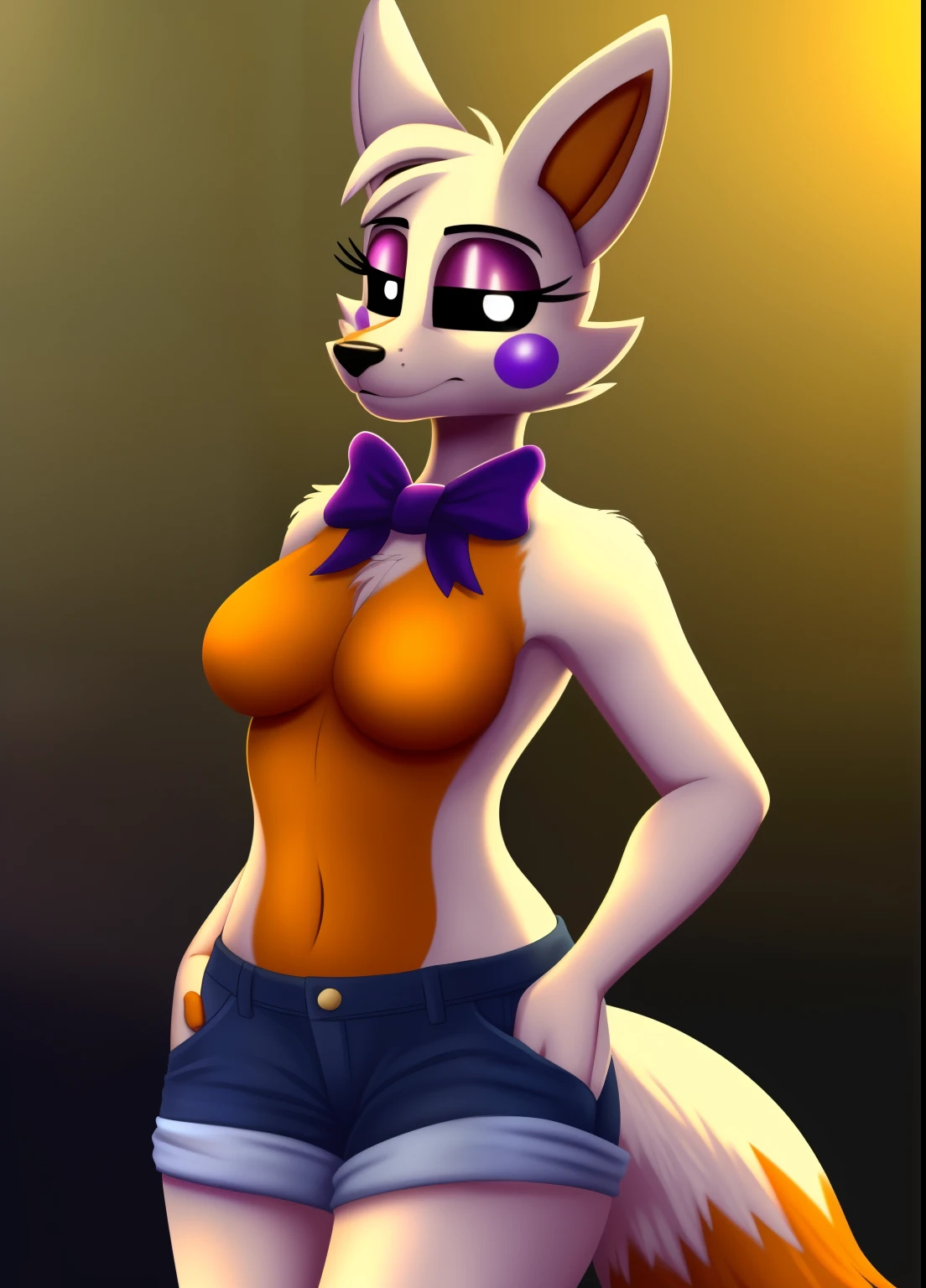 lolbit, furry female anthro, fox girl, bowtie, standing, cute pose, hand on hip, portrait, tranquil, solo, (body fur:1.2), (best quality), (tv static background:1.2), medium breasts, dramatic lighting, (detailed fluffy fur:1.1), looking at viewer, shorts, tail,