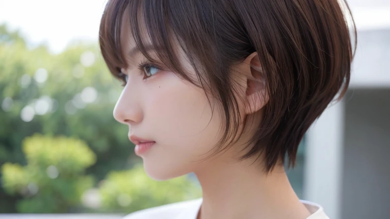 (short hair, profile:1.2),(wearing a blouse:1.2),1 girl,Japanese,21 years old,(small breasts:1.3),(highest quality,masterpiece:1.3,超A high resolution,),(Super detailed,caustics),(Photoreal:1.4,RAW shooting,)ultra-realistic capture,very detailed,High resolution 16K human skin close-up。 natural skin texture、,The pores are、、、、、、Must be detailed enough to be easily identified。 Skin should look even-toned and healthy。 Use natural light and color, sad expression, look at the camera, perfect dynamic composition, outdoor