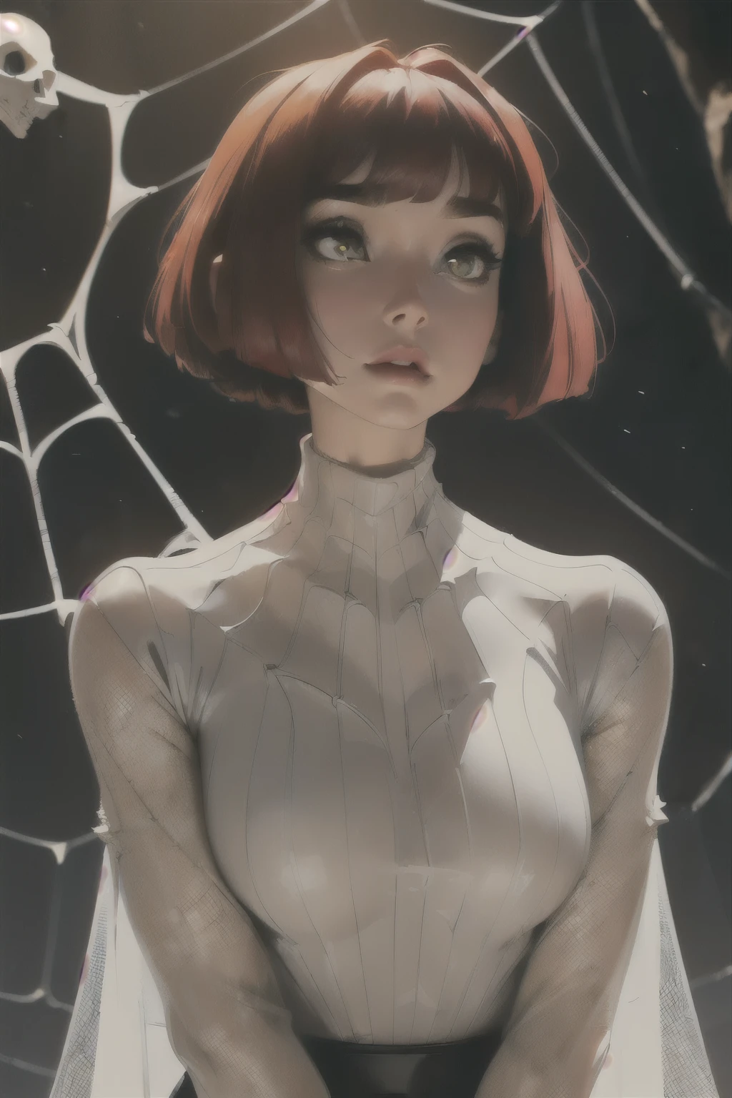 UHD, 8k, ultra detailed(professional quality, highly detailed, perfect lighting, natural lighting), best quality, high quality, highres, 16k, award winning, masterpiece, close up, various angles, best quality, (((1girl, solo: 1.3))), ((( redhair bob cut, center part, close cut nape and base of skull, stacked bob, exposed nape1.2))),, looking off to side, yellow eyes, pantyhose, short shorts, turtleneck, ribbed sweater, detailed eyes, focus on face, dark fantasy, in the spiders cavernous lair, in a cave, detailed backgrounds, ((cocoons in background)), ((desiccated bodies in cocoons hang in spider web in far background))