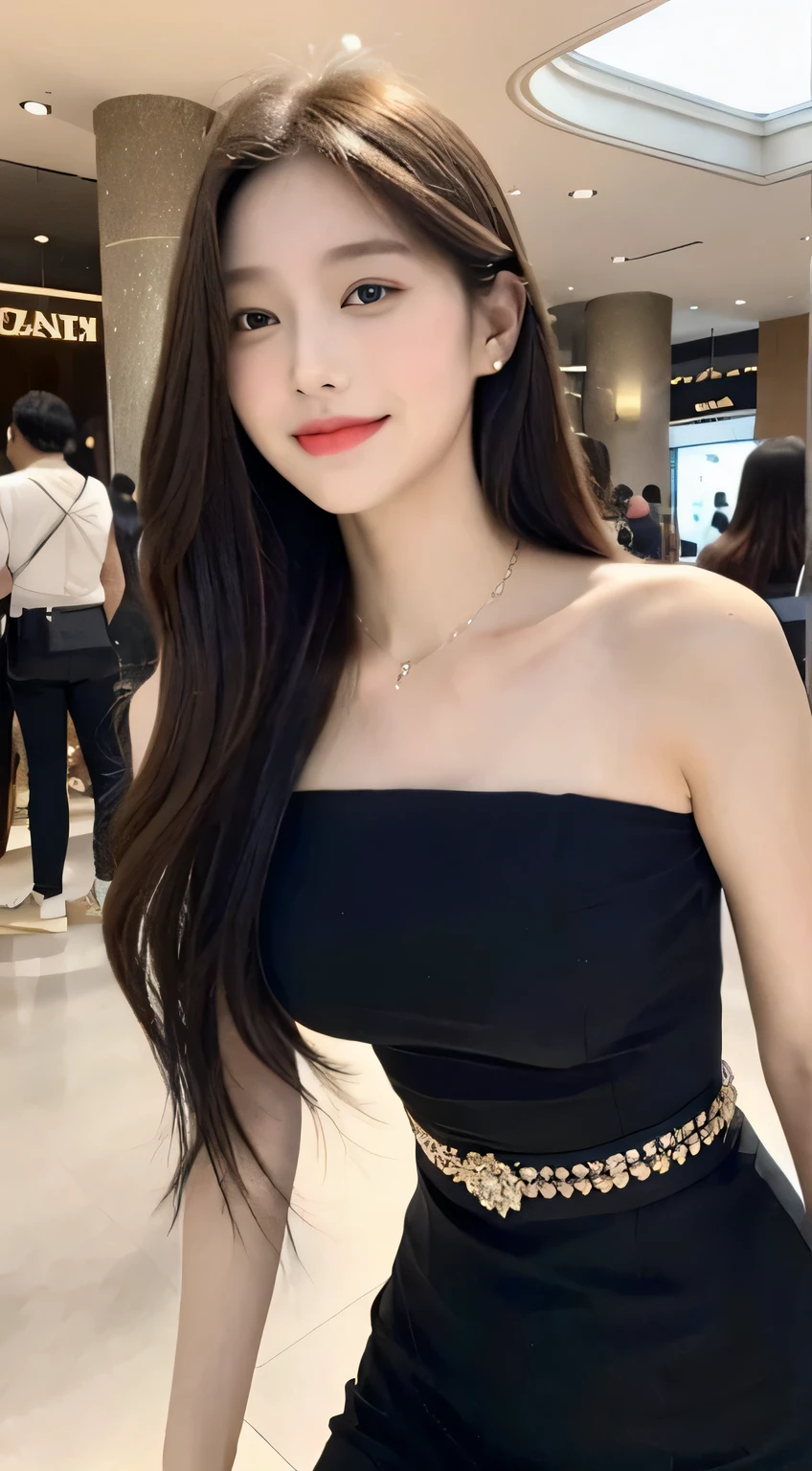 The girl is about 18 years old, simple, extremely beautiful and exquisite, (Light makeup), brown hair, sweet Smile, Delicate, beautiful and fair skin, actual and actual, Exquisite and complete facial features, Detailed facial depiction, high nose bridge, red lips, beautiful gentle beautiful girl, flowing smooth hair, extremely delicate hair, Soft temperament, Menko, surreal, actual, 8K quality, Extreme details, actual details, masterpiece, actual extreme, Body, Simply beautiful, pure desire, Breathtakingly beautiful, Peerless beauty, Highest quality, 8K resolution, goddess, Smile, Exquisite facial features, Hair over the shoulders, brown hair, long thin legs, Black bandeau dress,With a belt, legs exposed, sweet Smile frank, surreal, Blue Gemstone Necklace, Sunlight, face camera, Shapely and strong body, gentle eyes, exposed thighs, standing posture, standing in the mall, full Body photo, middle view,