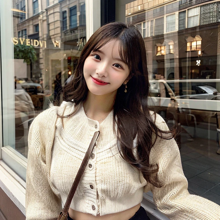 very cute and beautiful girl,(highly detailed beautiful face and eyes:1.2),(white blouse),
(smile),cowboy shot,looking at viewer,
(beige cardigan:1.2) BREAK zettai ryouiki,brown shoulder bag,(brown boots),
from below,(white panties),hair ornament,black hair,(pleated black mini skirt:1.2),
standing in front of cake shop show window,downtown street,crowd,people,
(best quality,masterpiece:1.2),intricate details,extremely detailed,8k resolution,solo,natural lighting,
hair fluttering in the wind,beautiful detailed sky,(realistic),perfect hands,
