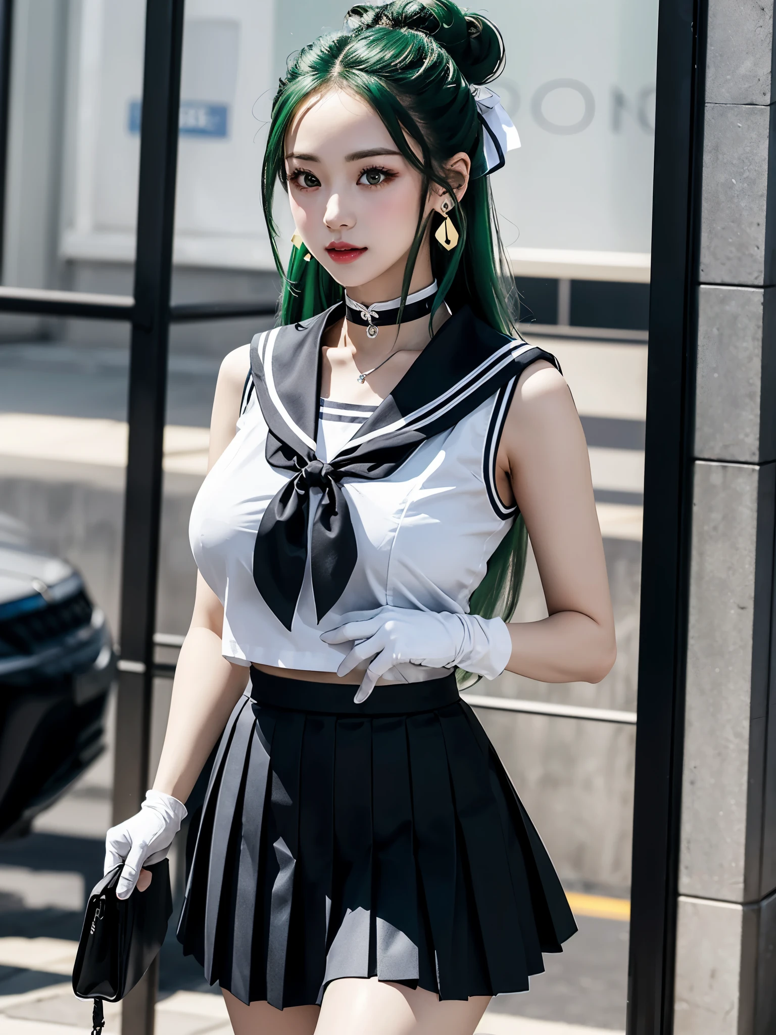 a woman wearing sleeveless sailor uniform, 1girl, very very long green hair, hair bun, white sailor uniform, (black pleated skirt:1.2), thigh, white long glove, choker, big ribbon pendant on her chest, geometric statement earring, large breasts, full breasts, 