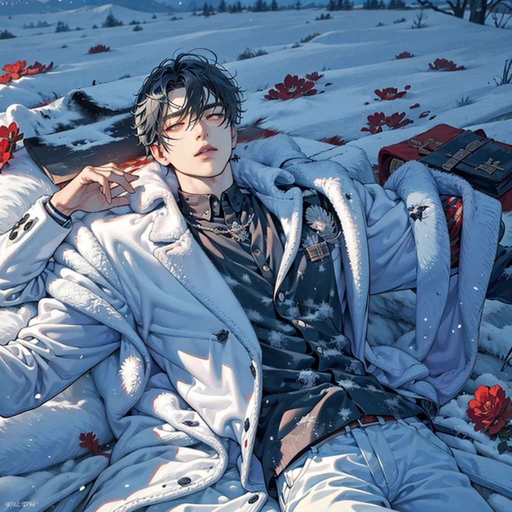 a black hair men lays on snow field with unbrothered facial expression, (unbrothered facial expression), (half-closed eyes), wear soldier hat, cool soldier uniform, snow sky, snowing sky, blood on snow field, cinematic lighting, cinematic high sky, magnificent men, handsome men, detail eyes, laying down on snow field, looks at the sky, masterpiece, best quality, detailed scenery, winter, detailed(light and shadow), modern soldier, (completely laying on snowfield), (he is laying down on snow), (look at the sky), (he looks at the sky), (Drone view), (Aerial view), (1men), 1men, (solo men), resting on snow, frosty, fost, snowflake, snow smoke, frosty, it's snowing 