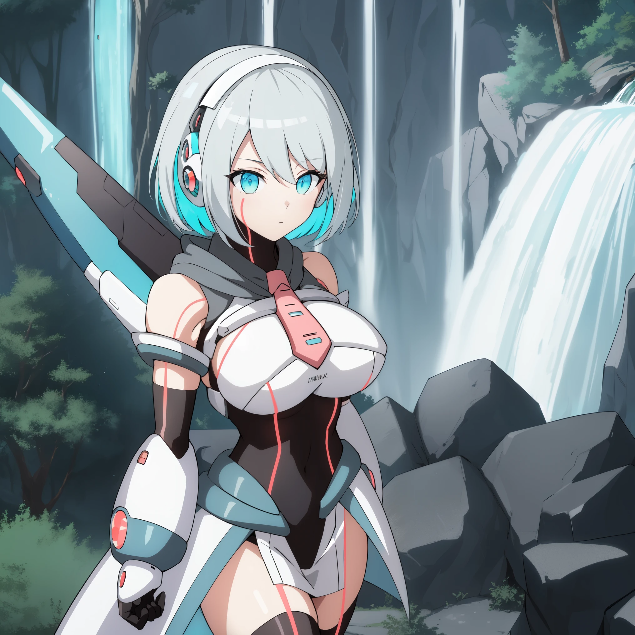 ico_megamanxdive, 1girl, blue eyes, solo, white hair, android, large breasts, black gloves, short hair, thighhighs, necktie, high quality, masterpiece, in a dark forest looking out at a waterfall, in the style of ultra detailed, dark cyan and light bronze, eye-catching tags, physically based rendering, depictions of inclement weather, heavy shading, landscape inspirations