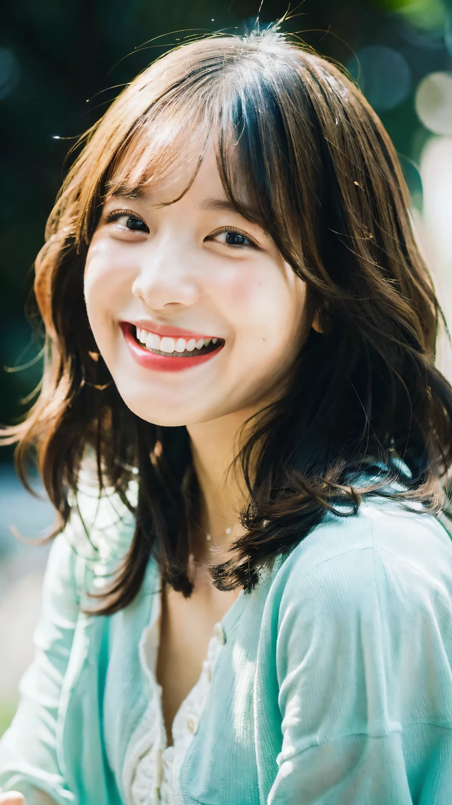 (Raw photo, highest quality), (64K, highest quality, masterpiece: 1.2), Super detailed, super resolution, a beautiful girl, (huge Laughing:1.2), (open mouth:1.1), layered haircut, wavy hair, detailed description of hair,