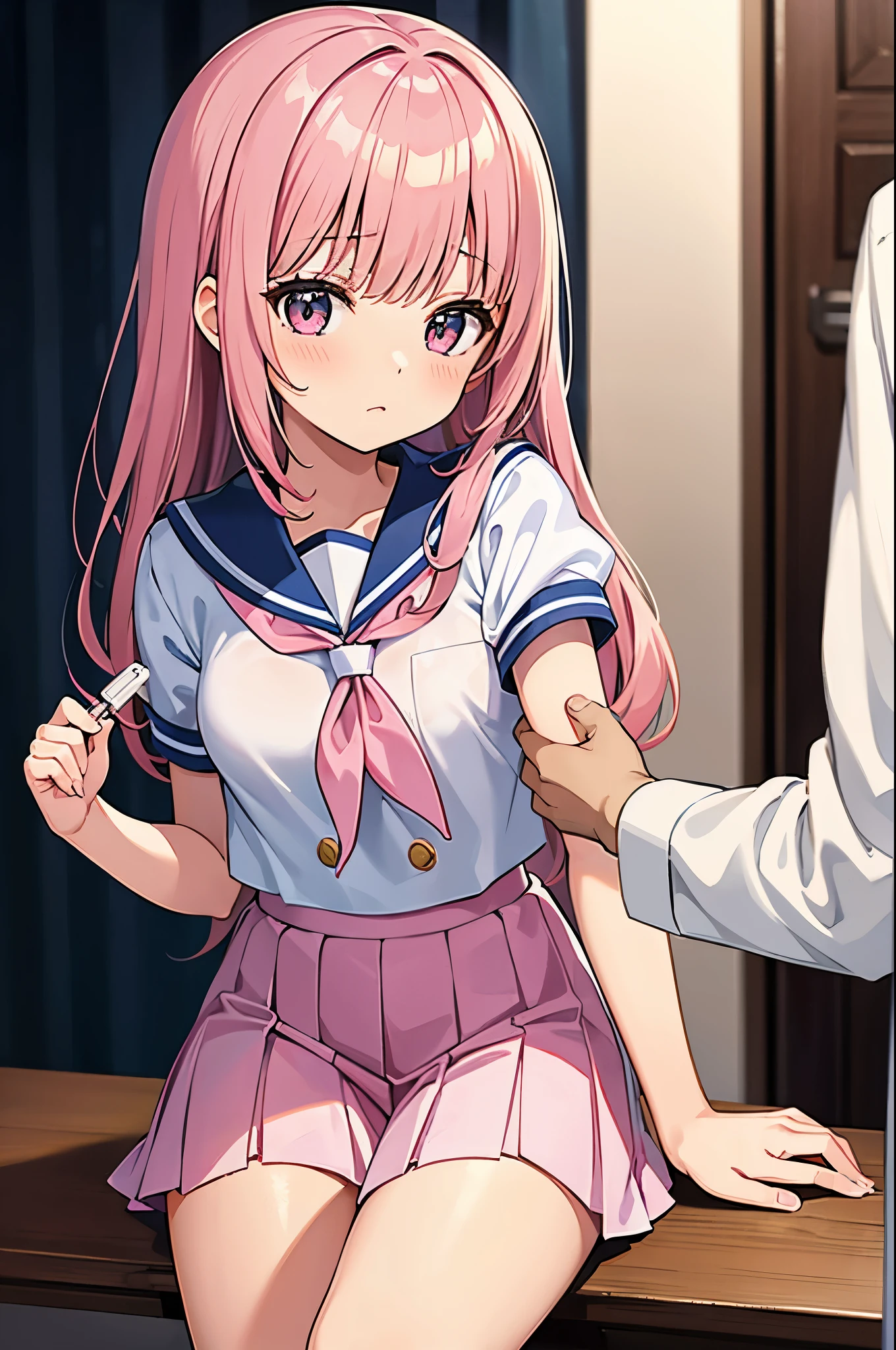 A pink-haired high school girl in a sailor uniform receives a vaccination、A man grabs your arm、Take the syringe and stick it into your upper arm.。.