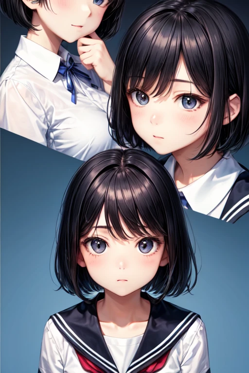 black hair、bob、short hair、Tight eyes、perfect face、looking here、、wearing school uniform、beautiful girl、Are thin、straight face、Wearing a 、dark blue background