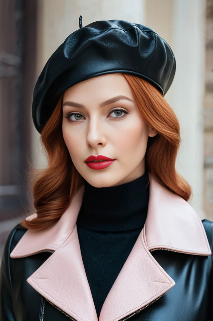 Masterpiece, best quality, (photorealistic:1.4) A close-up portrait of a gorgeous, beautiful, stunning russian woman wearing a classy elegant outfit: a leather trench coat with zipper, a black turtleneck sweater, and a black beret. A redhead woman from Russia, delicate red lips, pastel pink skin tone, soft flawless pale skin, elegant make-up, red lipstick. Classy, elegant, sophisticated redhead woman, a majestic lady, dream beauty, ethereal beauty, angelical beauty, delicate, sensitive, tender, lovely, romantic, kind-hearted, femenine and strong, brave, determinated woman. Elegant look, flowing and glowing wavy ginger hair. She's making a photo book, posing for camera, professional photograph, editorial photograph, portrait photograph of a russian model.