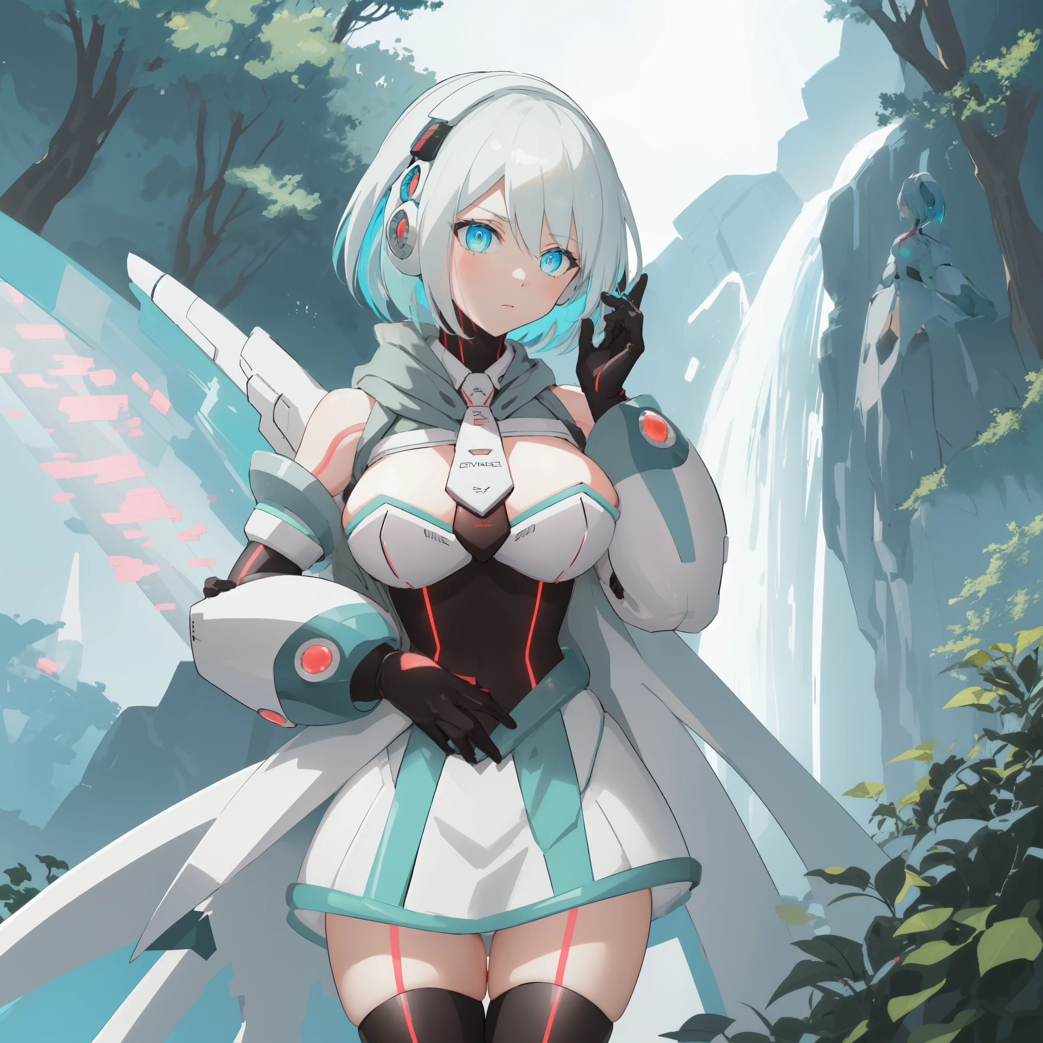 ico_megamanxdive, 1girl, blue eyes, solo, white hair, android, large breasts, black gloves, short hair, thighhighs, necktie, high quality, masterpiece, in a dark forest looking out at a waterfall, in the style of ultra detailed, dark cyan and light bronze, eye-catching tags, physically based rendering, depictions of inclement weather, heavy shading, landscape inspirations