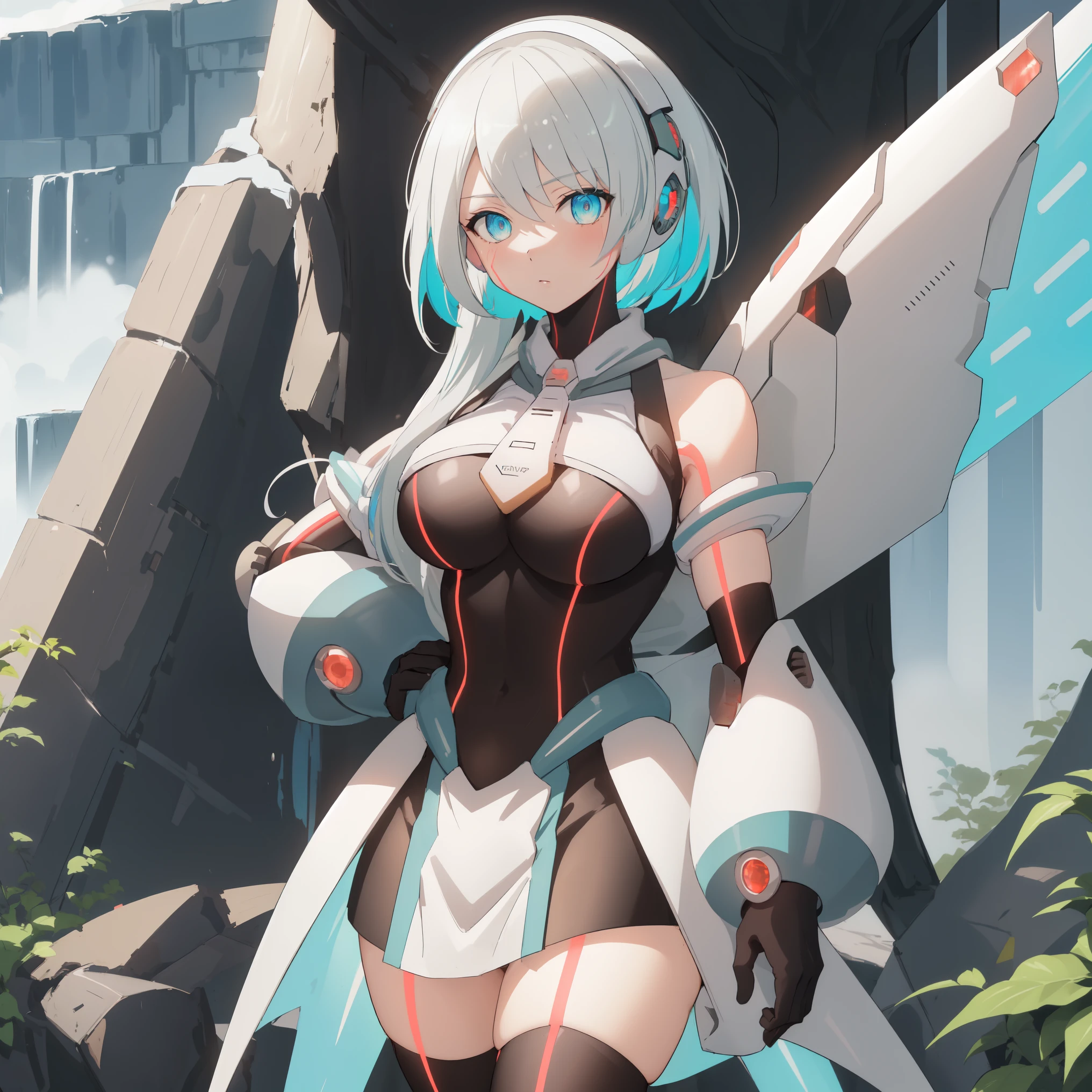 ico_megamanxdive, 1girl, blue eyes, solo, white hair, android, large breasts, black gloves, short hair, thighhighs, necktie, high quality, masterpiece, in a dark forest looking out at a waterfall, in the style of ultra detailed, dark cyan and light bronze, eye-catching tags, physically based rendering, depictions of inclement weather, heavy shading, landscape inspirations