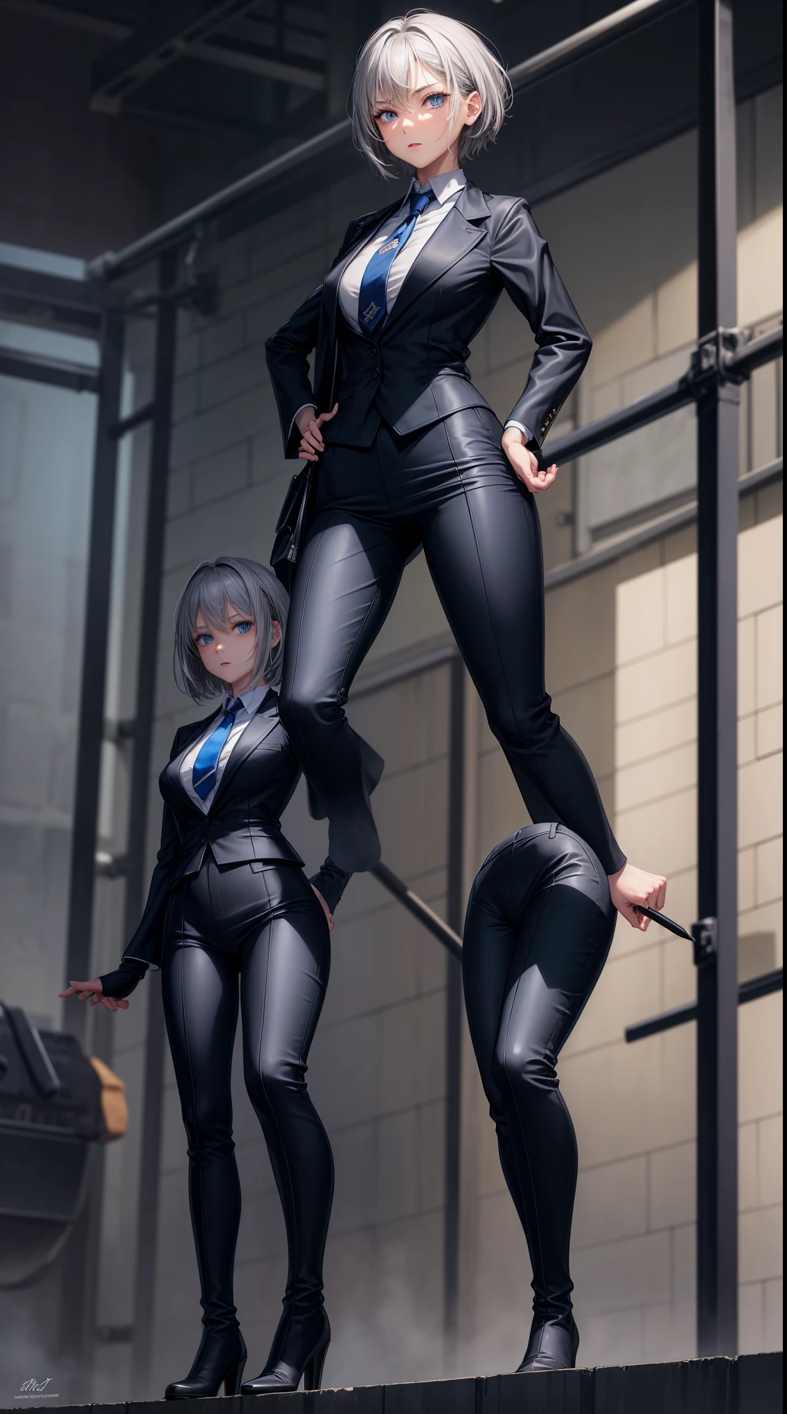 masterpiece, highest quality, high resolution, 1 girl, gray hair, short hair, blue eyes, medium breasts, OL, tie, black suit, pencil skirt, put your hands on your hips, outdoor,Idol Master,,anastasia,Knee-high boots,pants suit,fighting pose