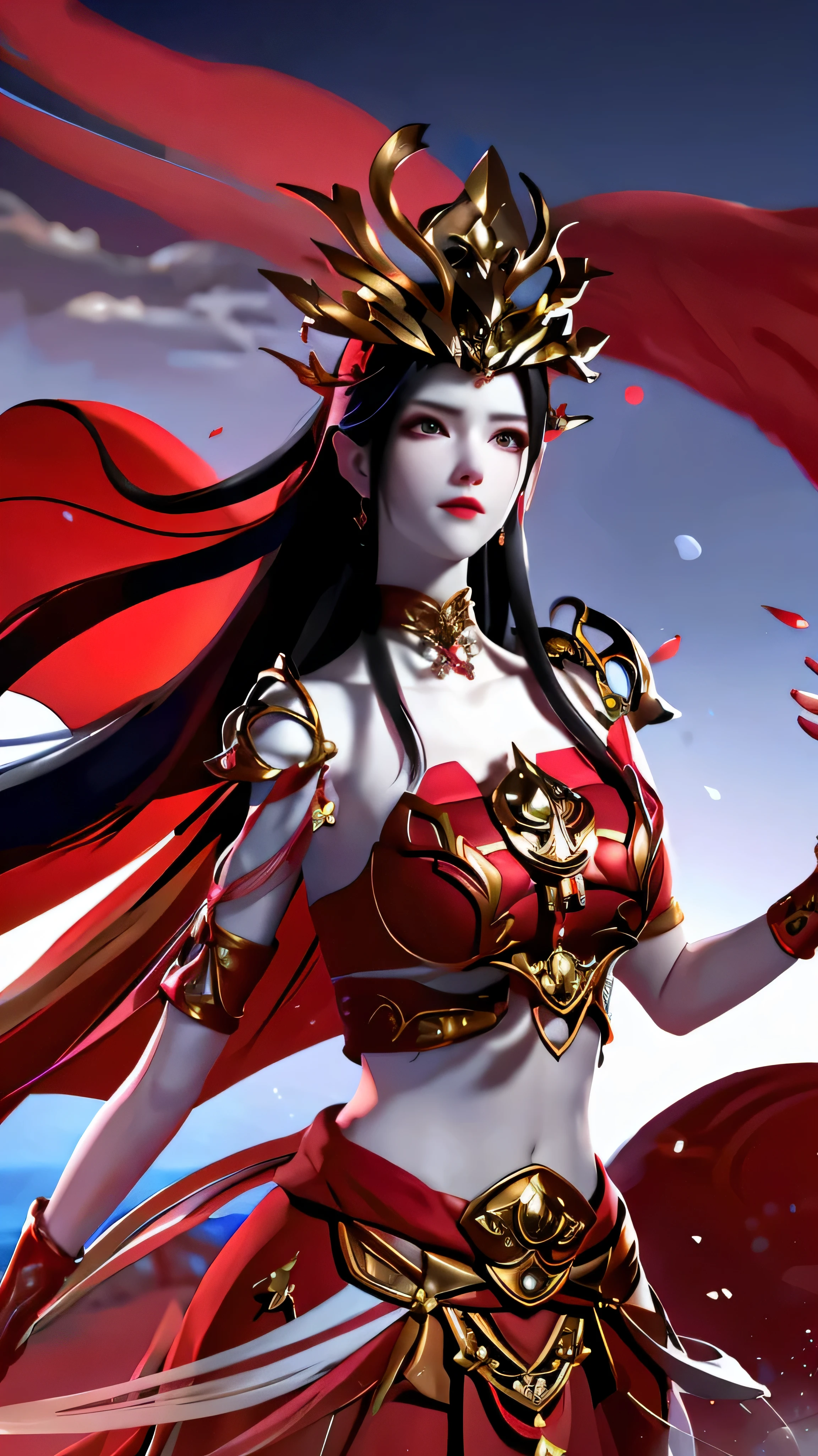 Superb , masterpiece, black hair, red dress, looking up, upper body, hair, fair skin, emanated, red theme, red dress, conservative skirt, seaside background, flowing art, particle effects,navel more exposed and small