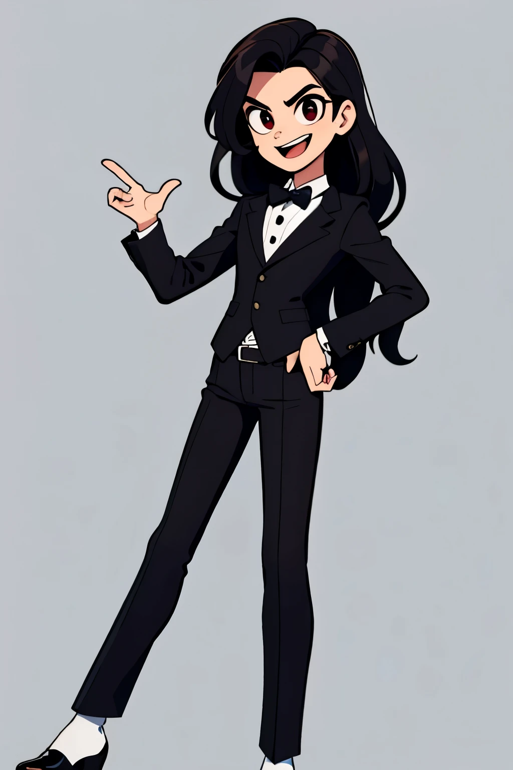 Un chico con el cabello largo negro y ojos rojos, con un traje muy elegante color blanco con botas y de fondo color cielo rojo