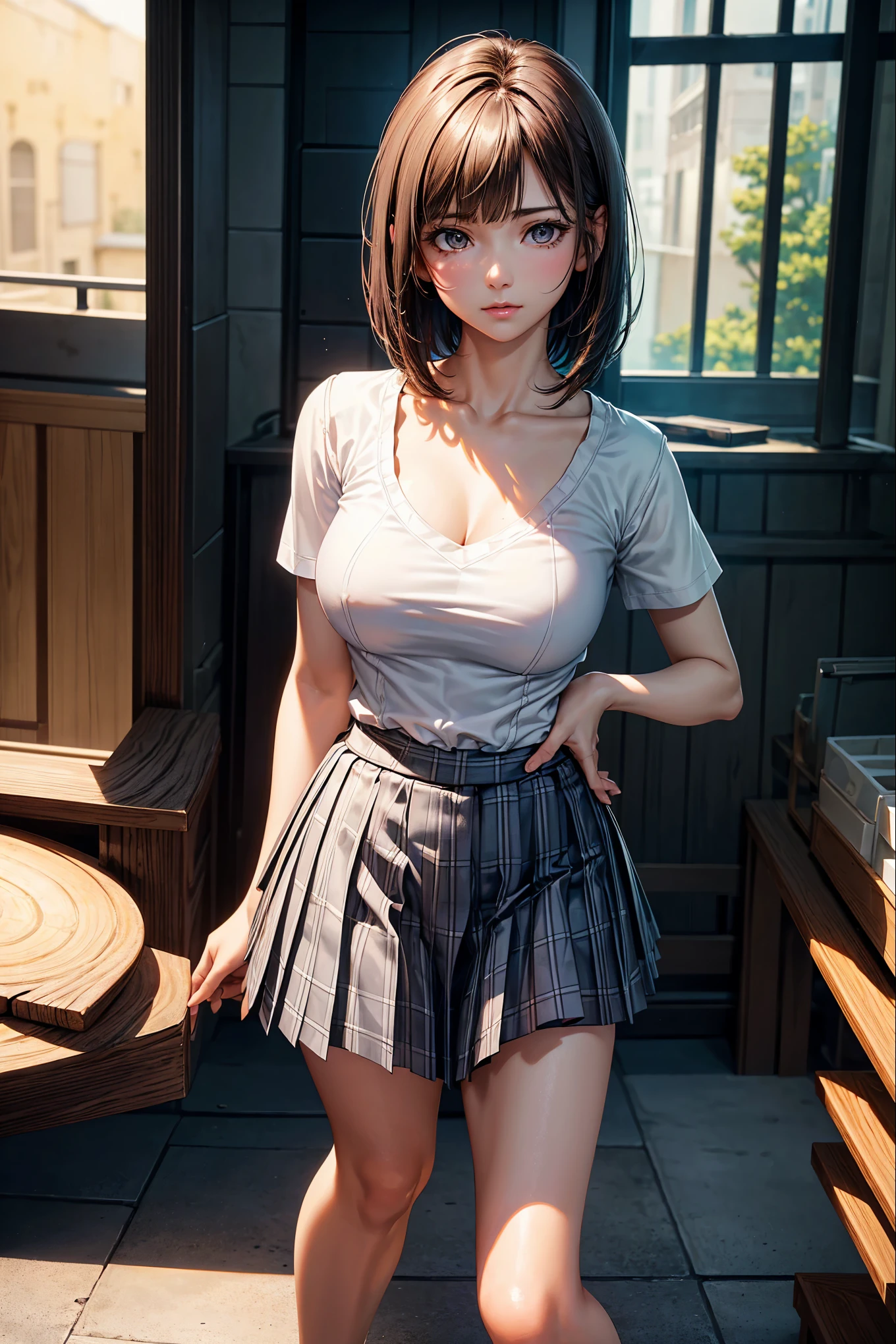 (masterpiece:1.2, highest quality), (realistic, photorealistic:1.4), beautiful illustrations, (natural side lighting, movie lighting), 
looking at the viewer, full body, 1 girl, Japanese, high School girl, perfect face, Cute symmetrical face, sunburn, shiny skin, 
(short hair:1.2, bob cut:1.2, brown hair), parted bangs, brown eyes, droopy eyes, long eyelash, (big breasts:0.6), 
beautiful hair, beautiful face, detailed and beautiful eyes, beautiful clavicle, beautiful body, beautiful breasts, beautiful thighs, beautiful feet, beautiful fingers, 
((collared short sleeve shirt, white shirt, , Grey plaid pleated skirt, navy them), golden heart necklace, wrist chakra), light blue panties, 
(beautiful scenery), School, (Severe), 