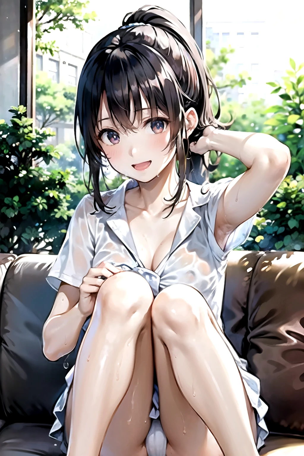 realistically, 1 girl, ponytail, brown eyes, glowing eyes, white short skirt, Blush, daytime, Wet from the rain, see through, Knee hug, Strapless shirt, nipples, small breast, Sit with your knees raised., armpit, cleavage, micro panty, onsen, 18 years old, pussy reveal, crotch, undressing, big smile