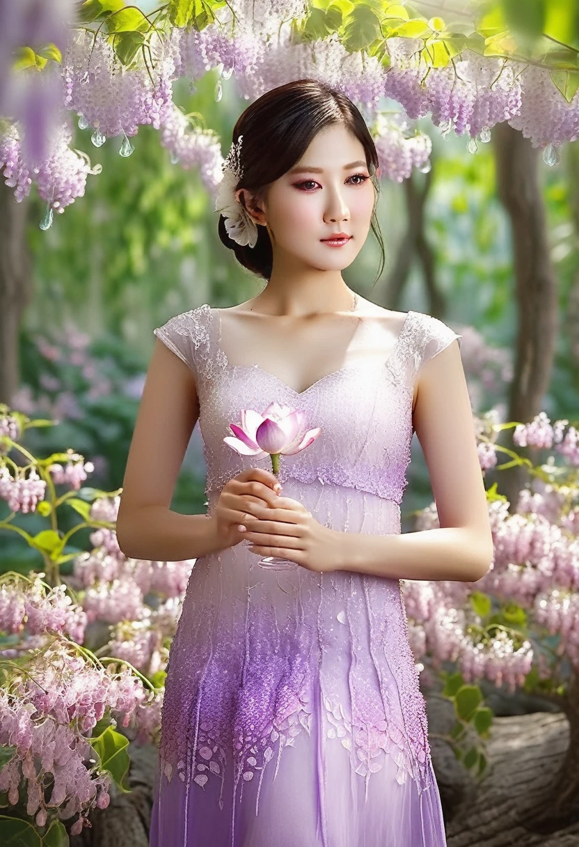Design an ethereal fashion shoot in a secret garden. Our hot model, Luna, stands amidst blooming cherry blossom trees, her flowing lavender dress with major cleavage catching the soft sunlight. Her hair, a cascade of lilac waves, frames her face as she gazes at a crystal-clear pond. Around her, fireflies dance, leaving trails of shimmering light. Luna looks very sexy and her eyes hold a hint of mystery. Capture the enchantment of this moment, blending elegance, whimsy, and a touch of magic, oh and also some big and a tight ass, detailed face, sharp image, high contrast