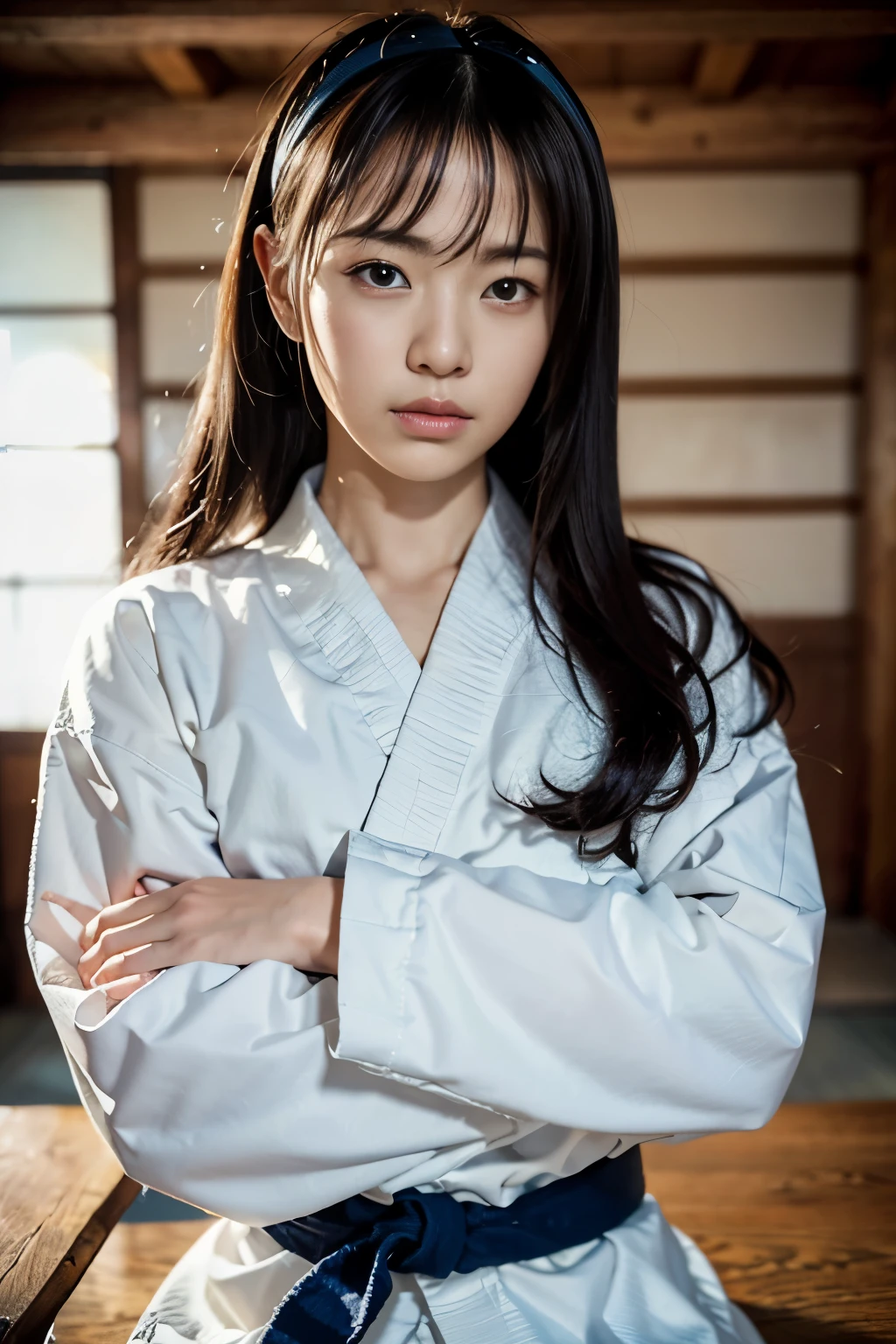 (8K、Raw photo、image quality、、、、、、table top:1.2)、(realistic、Photoreal:1.37)、Japanese female judoka、Black belt white long sleeve judo gi、Cowboy composition、Glare at the front、dark tatami room、solemnity、intimidating appearance、dignified atmosphere、muscular upper body、A threatening posture with arms crossed、hair with hairband