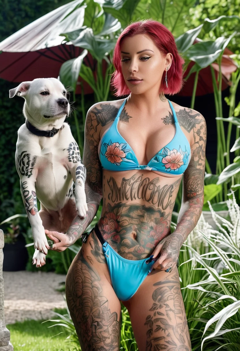 (masterpiece, best quality:1.2), 8K, 1girl, Laurence bedard, she is at home in the garden feeding her dog wearing swimwear full body tattoos