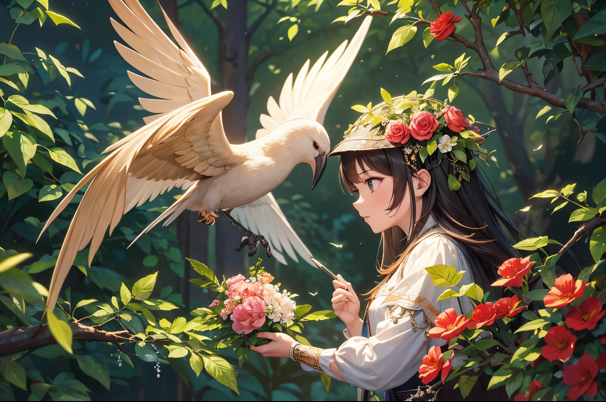 There is a bird sitting on a branch with flowers and leaves, The art of math by Galen Dara, ZBrush Central Competition Champion, The art of math, highly detailed The art of math, complex numbers, extremely detailed The art of math, highly detailed The art of mathwork, 4k highly detailed The art of math, high detailed The art of math, Highly detailed figures, Highly detailed 4k art, detailed The art of mathwork