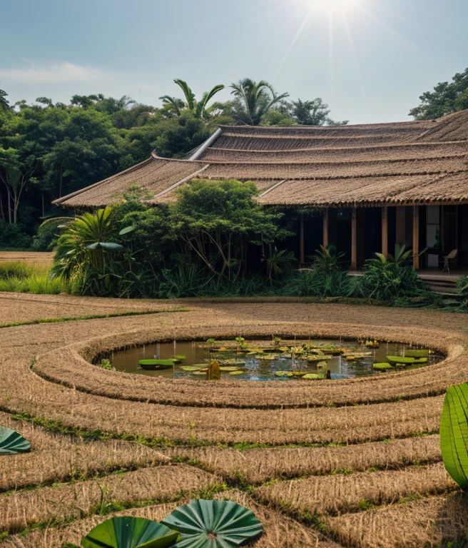 RAW photo, lowcost house, tropical style, (((straw roof))), ((lotus pond in the middle of circle)), white mud wall, rice field landscape, lotus pond beside the right, sun light, realistic
8k uhd, dslr, soft lighting, high quality, film grain, Fujifilm XT3r