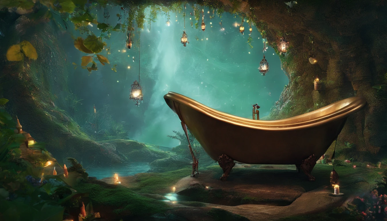 Surrounded by a dark forest, the fairy bathroom creates a serene and enchanting atmosphere, with a bathtub hollowed out of wood or rock, filled with bright water that glows silently in the darkness. A cascading shower adorned with sparkling crystals radiates warm water. Small quaint shelves store small bottles of aromatic oils and elixirs, very realistic、photograph、one person perspective、super detail、high detail、high quality、8K、