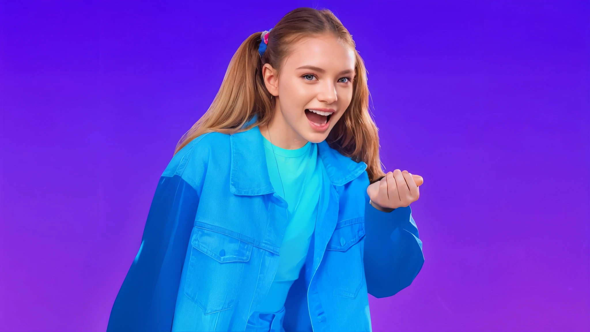 girl in a blue jacket stands in front of, hyperrealistic , hyper realistic , hyperrealistic , portrait shot 8k, realistic picture of a cute age , Photorealistic, Realistic portrait, Photorealistic! art style, Photorealistic girl render, beautiful young daughter , multiple light sources, rim light, sharp post effects render, (glossy plastic texture with multiple big light probe refractions), perfect cgi, smooth silhouette, high intensity , (super glossy material), most beautiful vfx, blue background, plastic refractions, realistic, 4k, high resolution, rim light, she is flying, she is laying on the floor, photo shoot, commercial photo, profile shot, 4k, rim light, high resolution, 4k, glossy texture, smooth 3d model, multiple light sources, rim light, sharp post effects render, (glossy texture with multiple big light probe refractions), perfect cgi, cgi art created only with gradients, smooth silhouette, high intensity refraction, (super glossy material), most beautiful vfx, blue background, refractions, multiple light sources, rim light, sharp post effects render, perfect cgi, , digital art, detailed digital art, best quality, 4k, masterpiece:1.2, realistic, vivid colors, The image of the highest quality, ensuring every detail showcased perfectly. It in 4k resolution, allowing viewers to immerse themselves in the richness of the colors and intricate details. The realistic rendering. under the spotlight, reflecting, high-resolution image, realistic rendering, photorealistic