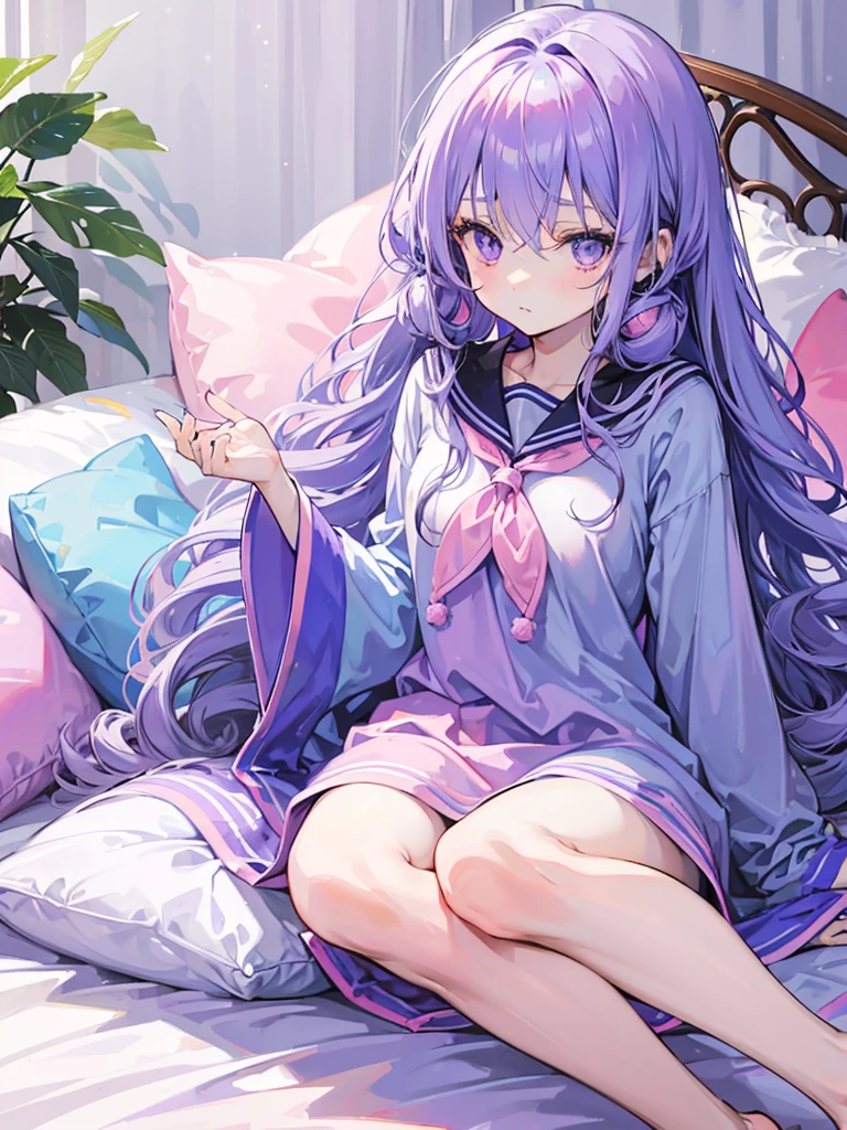 A light blue long hair,purple eyes,Girl in pink sailor suit,Holding a large throw pillow,Curl up on the bed,hair spread out,Very relaxed look,Can be cute love,An expression of adoration,Lazy look,Hair is slightly curled,,black,
