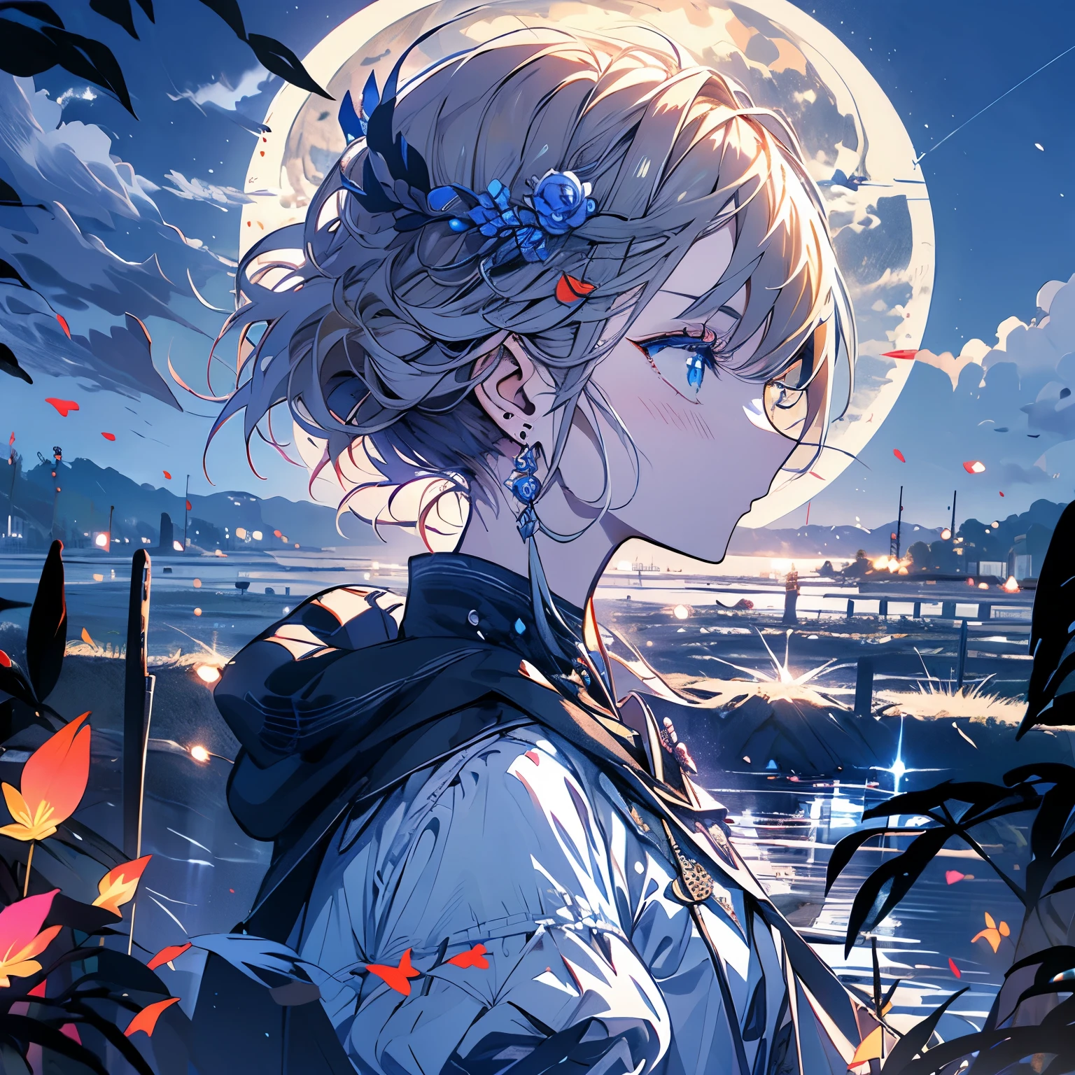 highest quality、masterpiece、(((Yolforger)))、serious face、Landscape、profile、night sky、moon