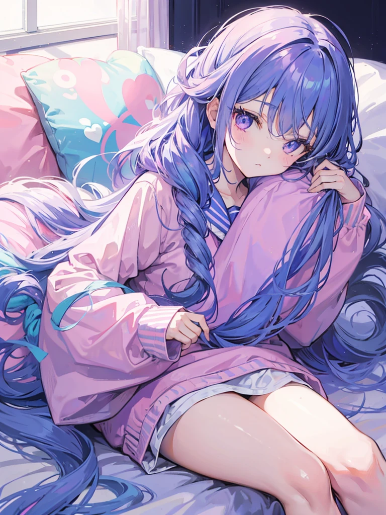 A light blue long hair,purple eyes,Girl in pink sailor suit,Holding a large throw pillow,Curl up on the bed,hair spread out,Very relaxed look,Can be cute love,An expression of adoration,Lazy look,Hair is slightly curled,,black,