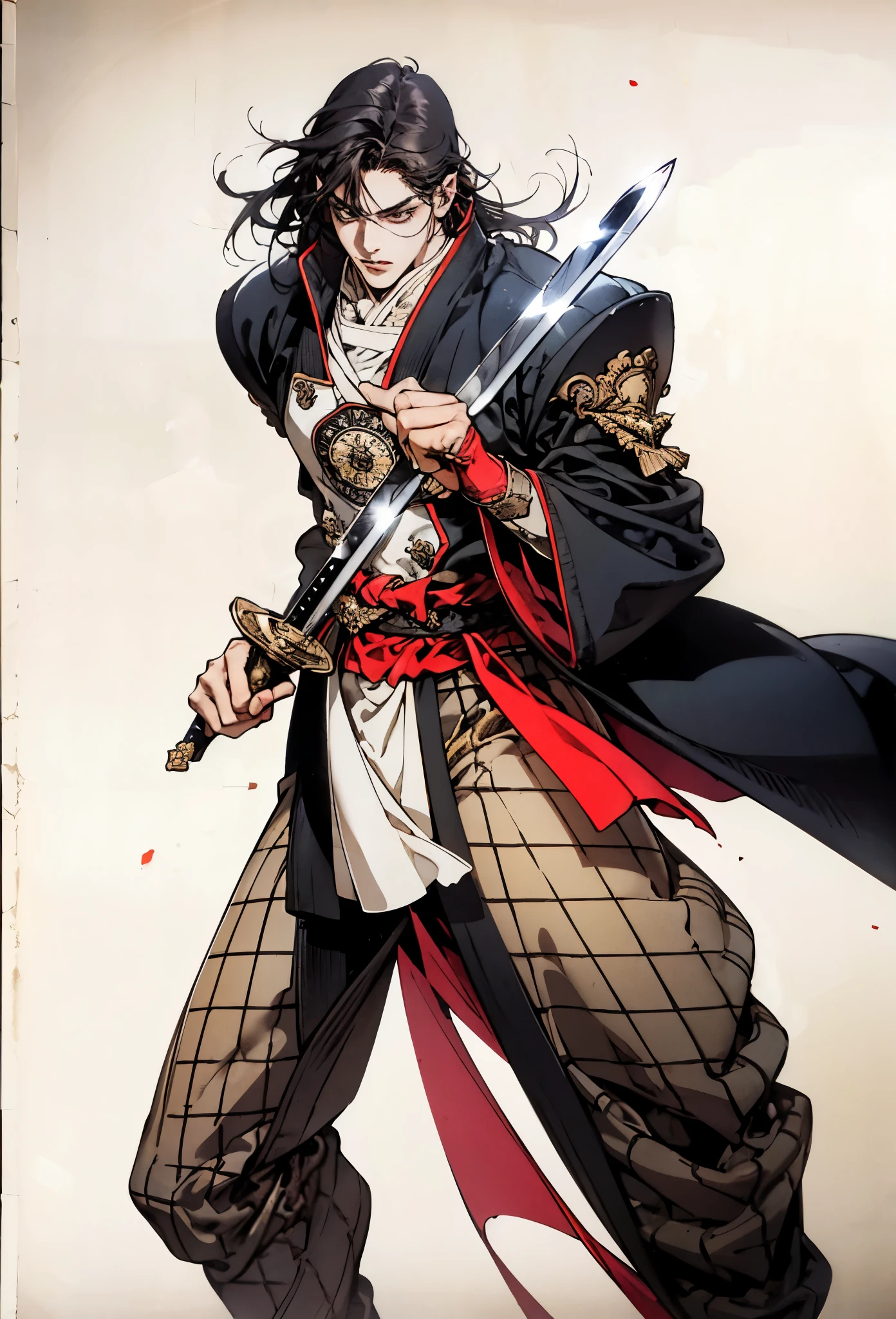 An adult man with long black hair, white-highlighted middle part bangs, thick wavy eyebrows, sharp almond-shaped eyes, well-defined features, a dignified expression, a black and white tight-fitting coat in a fantasy martial arts style, flowing wide sleeves, a cloth belt around the waist, loose fabric trousers, he holds a long sword placed in front of him, while the other hand lightly wipes the blade, the backdrop is a fantasy martial arts-style training ground, this character embodies a finely crafted fantasy martial arts-style swordsman in anime style, exquisite and mature manga art style, high definition, best quality, highres, ultra-detailed, ultra-fine painting, extremely delicate, professional, perfect body proportions, golden ratio, anatomically correct, symmetrical face, extremely detailed eyes and face, high quality eyes, creativity, RAW photo, UHD, 32k, Natural light, cinematic lighting, masterpiece-anatomy-perfect, masterpiece:1.5