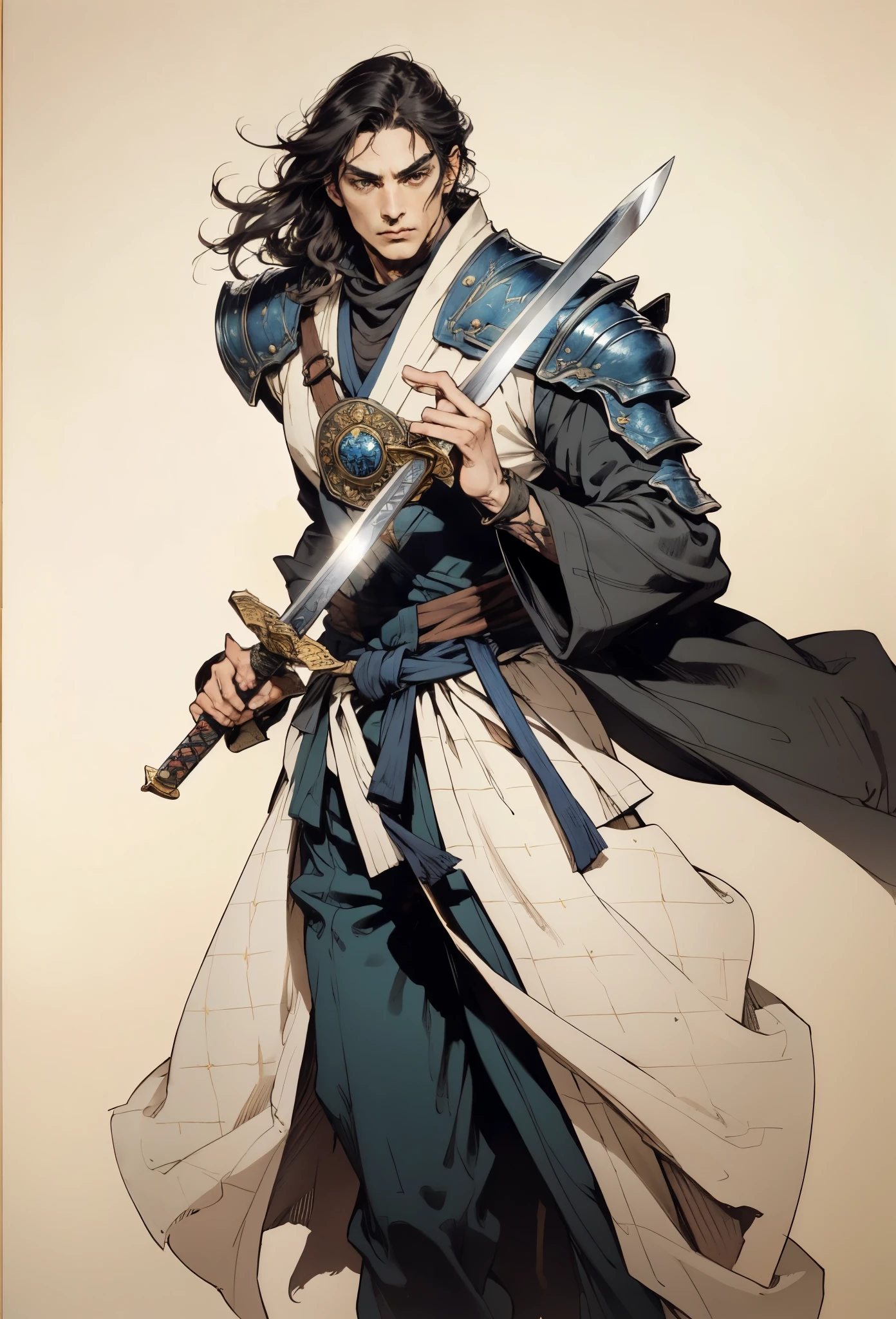 An adult man with long black hair, white-highlighted middle part bangs, thick wavy eyebrows, sharp almond-shaped eyes, well-defined features, a dignified expression, a black and white tight-fitting coat in a fantasy martial arts style, flowing wide sleeves, a cloth belt around the waist, loose fabric trousers, he holds a long sword placed in front of him, while the other hand lightly wipes the blade, the backdrop is a fantasy martial arts-style training ground, this character embodies a finely crafted fantasy martial arts-style swordsman in anime style, exquisite and mature manga art style, high definition, best quality, highres, ultra-detailed, ultra-fine painting, extremely delicate, professional, perfect body proportions, golden ratio, anatomically correct, symmetrical face, extremely detailed eyes and face, high quality eyes, creativity, RAW photo, UHD, 32k, Natural light, cinematic lighting, masterpiece-anatomy-perfect, masterpiece:1.5