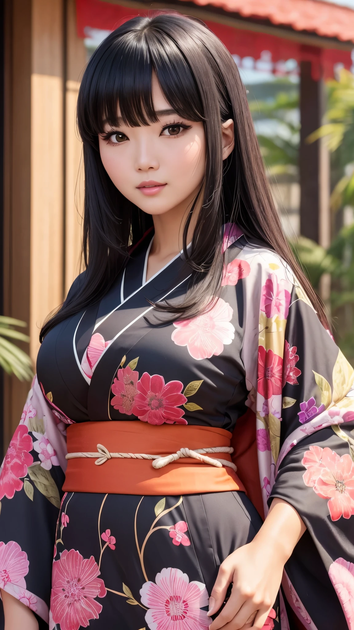 ((highest quality)), ((8k)), (detailed face), (highlight), Asian、woman、Big breasts、bangs、black hair、Colorful kimono with patterns、