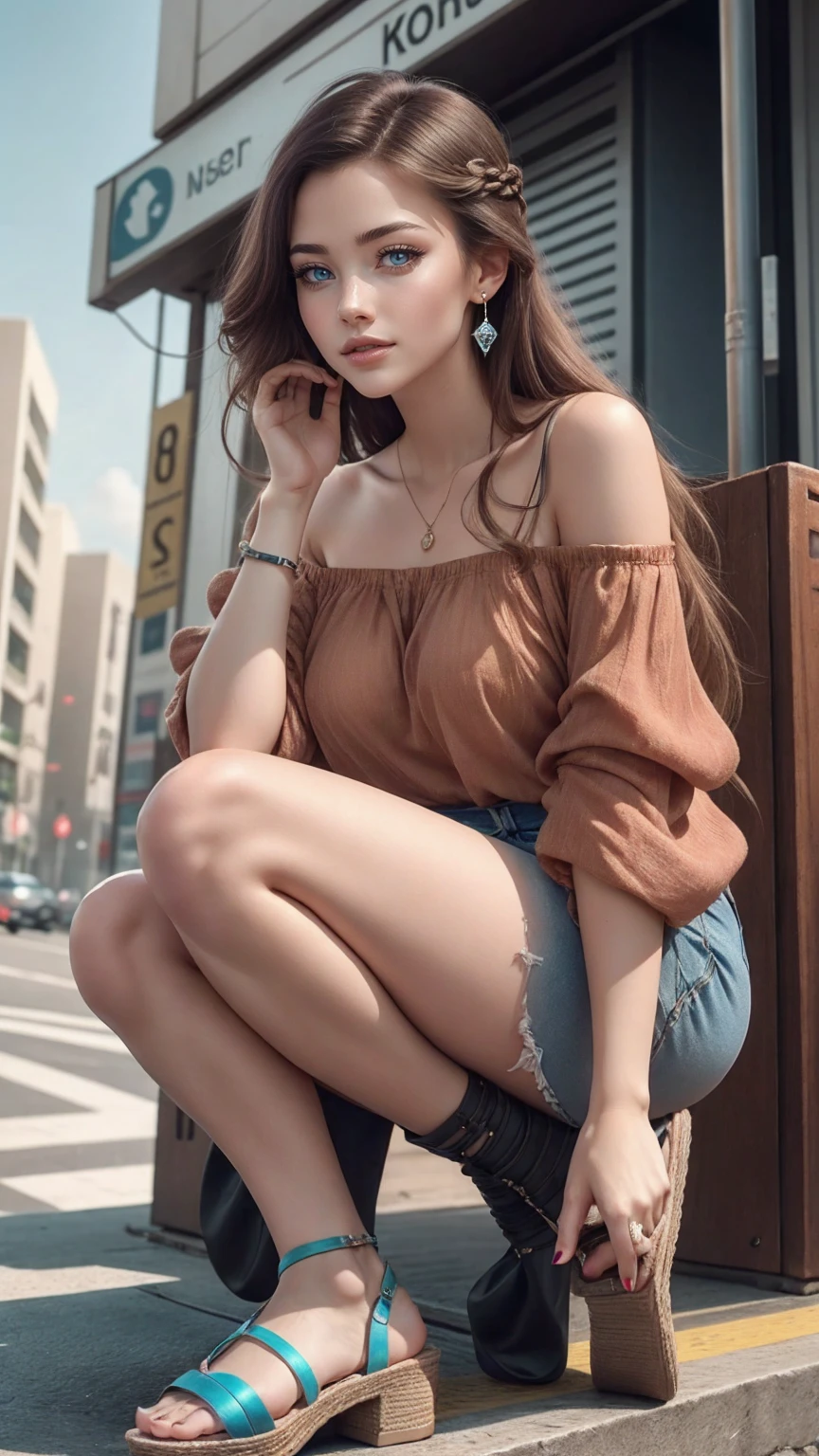 (最high quality, 8K, masterpiece: 1.3, Ultra HD, high quality, 最high quality, High resolution, realism)) 、25 year old white woman、brunette、blue eyes、long hair、smile、slender、slenderだがアスリートのような細マッチョ、I don&#39;t want my head to disappear from the screen.、Wear accessories on your wrist、Wearing red nail polish、I have a peticure、Wear a sheer, off-the-shoulder bodycon top、wear sandals、have a clutch bag、Skyscraper background、Waiting for a traffic light at an intersection、crystal earrings((crystal earrings))、inner color((colored inner hair))、long hair ((long hair))、dark blonde、dreadlocks((dreadlocks))