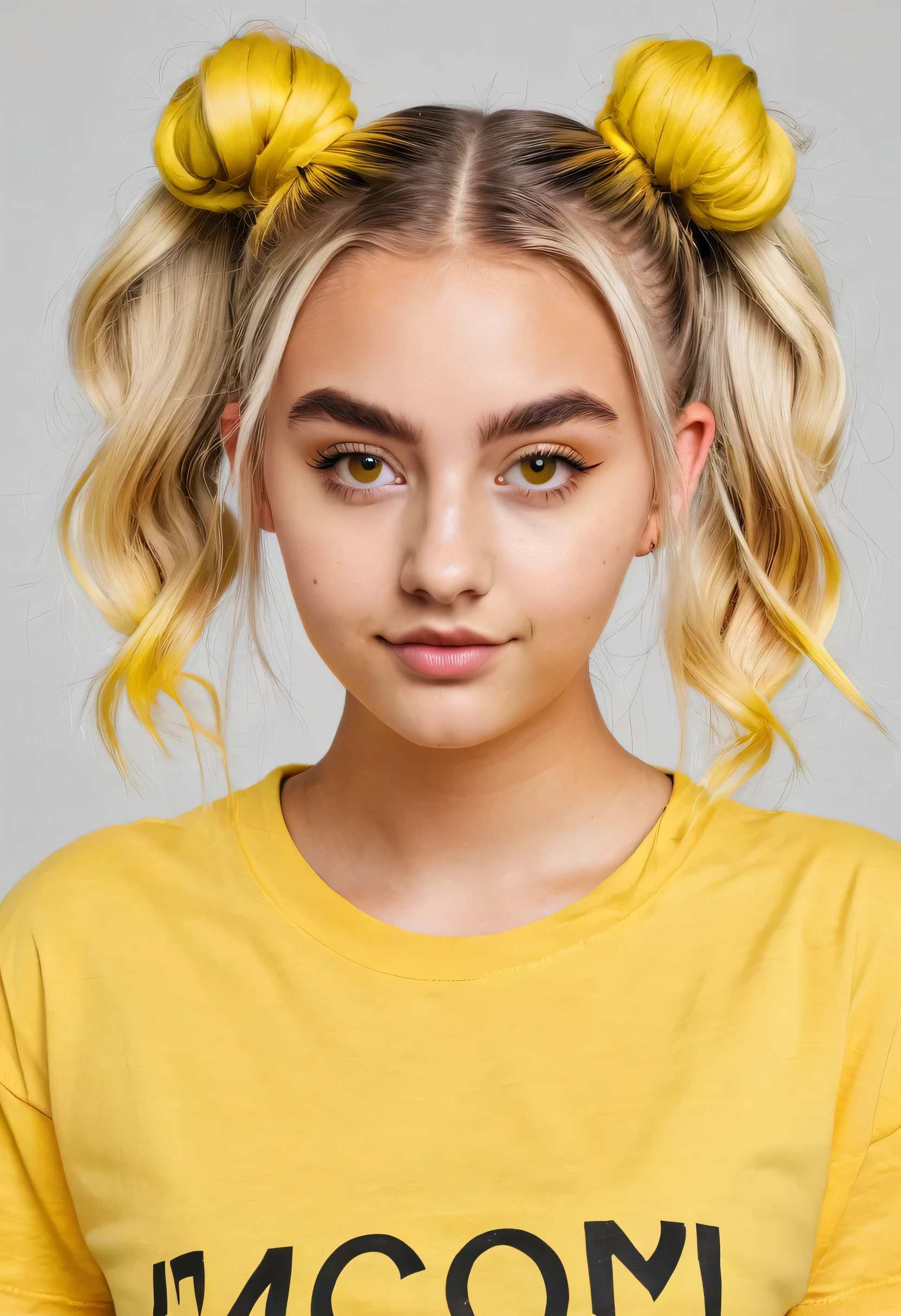 A girl of 18 year-old, blonde, Space Buns hairstyle, wearing a yellow T-shirt with no inscriptions, looking directly at the camera