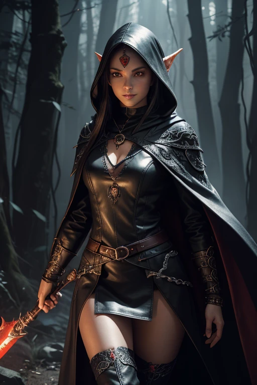 female, elf character, extremely detailed, fantasy style, glowing cinematic orange lighting, black long floating hair, red glowing tattoo on arms, modest black leather cloth, knee-high leather boots, mystical pendant with a dragon, crescent draconian hairpin, silver bracelets with draconian motifs, light smile, intense red eyes, ethereal forest, at night, subtle mist around her feet, hood, long cloak with draconian patterns, leaning, looking to the right, quiver of arrows on her back, (best quality:1.2), ultra-detailed, (realistic:1.37), HDR, UHD, studio lighting, ultra-fine painting, sharp focus, physically-based rendering, professional, black colors, , portraits.