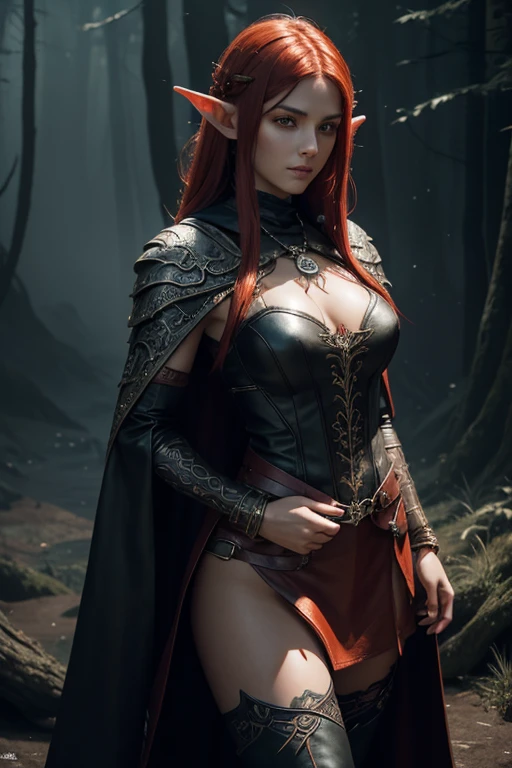 female, elf character, extremely detailed, fantasy style, glowing cinematic orange lighting, black long floating hair, red glowing tattoo on arms, modest black leather cloth, knee-high leather boots, mystical pendant with a dragon, crescent draconian hairpin, silver bracelets with draconian motifs, light smile, intense red eyes, ethereal forest, at night, subtle mist around her feet, hood, long cloak with draconian patterns, leaning, looking to the right, quiver of arrows on her back, (best quality:1.2), ultra-detailed, (realistic:1.37), HDR, UHD, studio lighting, ultra-fine painting, sharp focus, physically-based rendering, professional, black colors, , portraits.