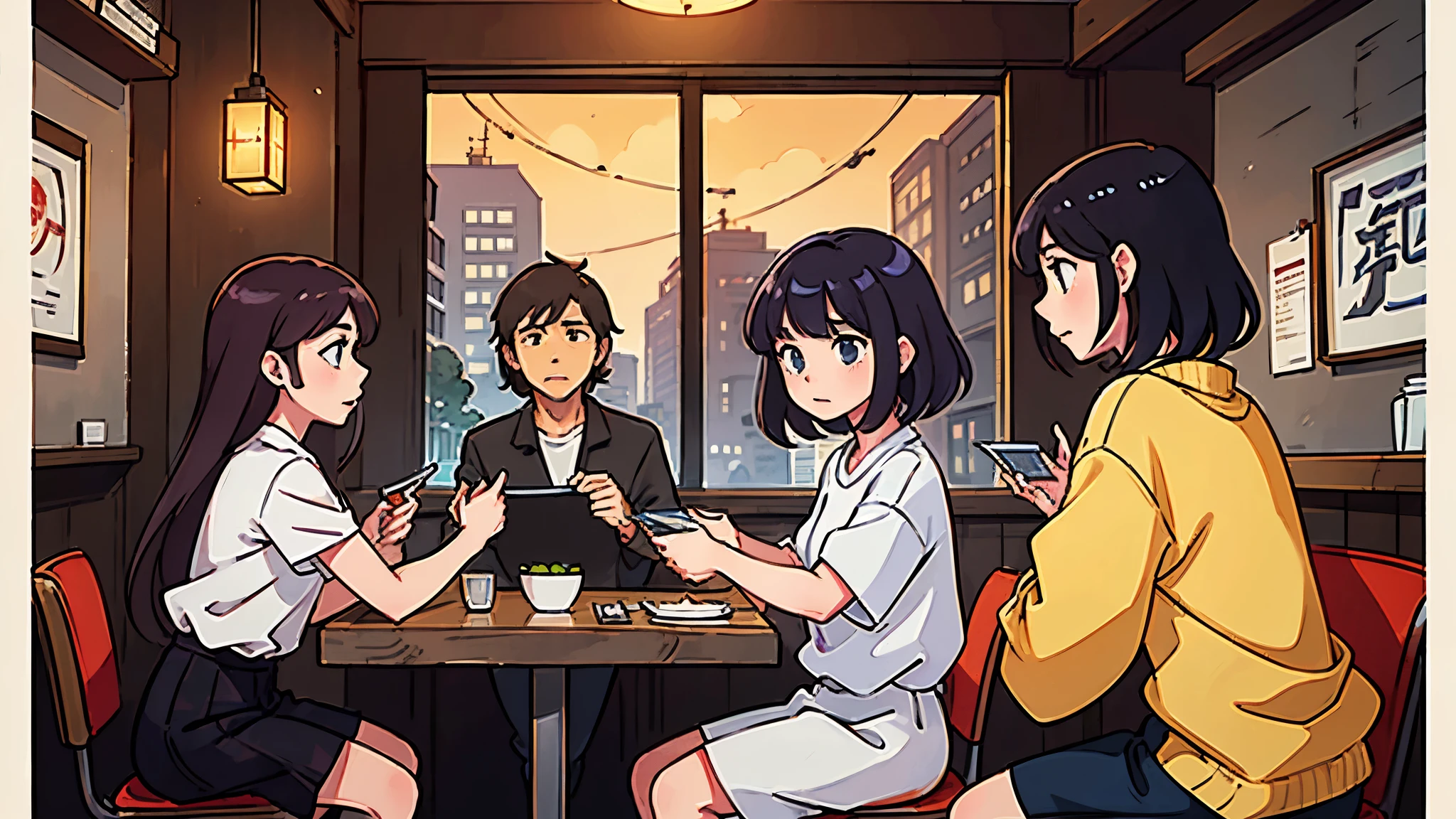 (best quality:0.8) Perfect anime illustration, Three people are sitting at a table in a restaurant, A man and two women sitting face to face, Screenshot of anime movie, Screenshots from animated movies, Still from TV animation, anime movie scene, Anime movie stills, incredible anime movie scene, Japanese animation style, Still from anime, Dinner scene, commend, Tatami Galaxy, red line anime movie style, Tokyo anime scene