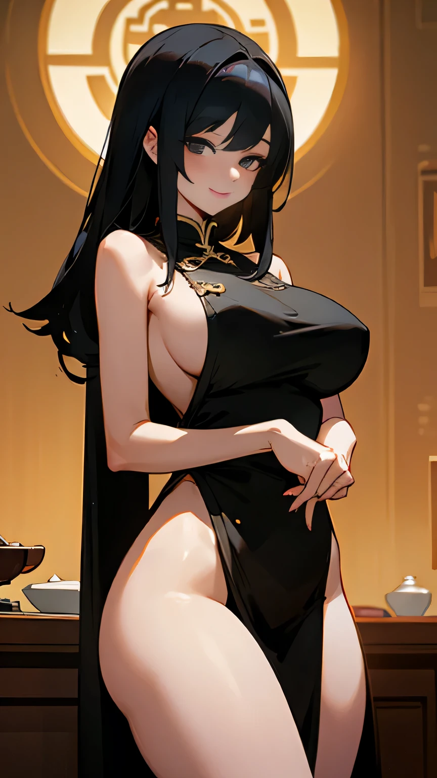 (Best quality, dynamic lighting, highly detailed) Black haired girl, beautiful, medium length hair, straight hair, smile, detailed black eyes, ample tits, tall, thick, thick thighs, fancy backless chinese dress, fancy restaurant background.