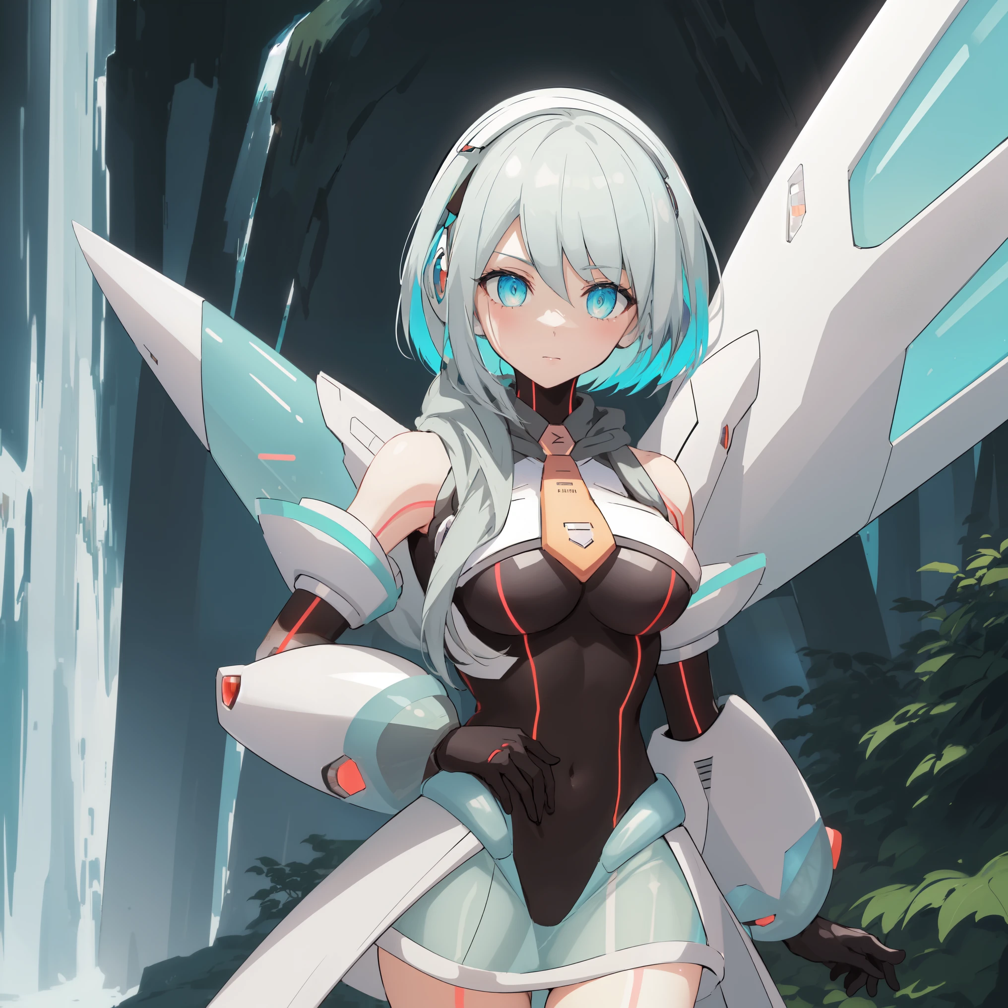 ico_megamanxdive, 1girl, blue eyes, solo, white hair, android, large breasts, black gloves, short hair, thighhighs, necktie, high quality, masterpiece, in a dark forest looking out at a waterfall, in the style of ultra detailed, dark cyan and light bronze, eye-catching tags, physically based rendering, depictions of inclement weather, heavy shading, landscape inspirations