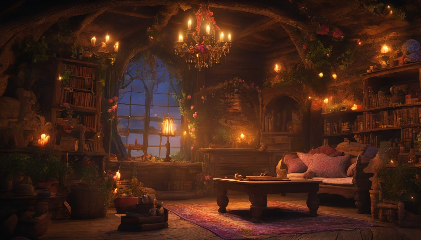 The living room of the fairy house at midnight, a rustic wooden sofa with handmade cushions and blankets, warm drinks on a table decorated with jewels and flowers, the soft light of a light fixture made of natural materials, a small bookcase in the corner of the room with ancient books and magical scrolls where knowledge and secrets lie, decorated with natural materials, jewels and flowers throughout the room, an atmosphere of fantasy and mystery. very realistic、photograph、one person perspective、super detail、high detail、high quality、8K、