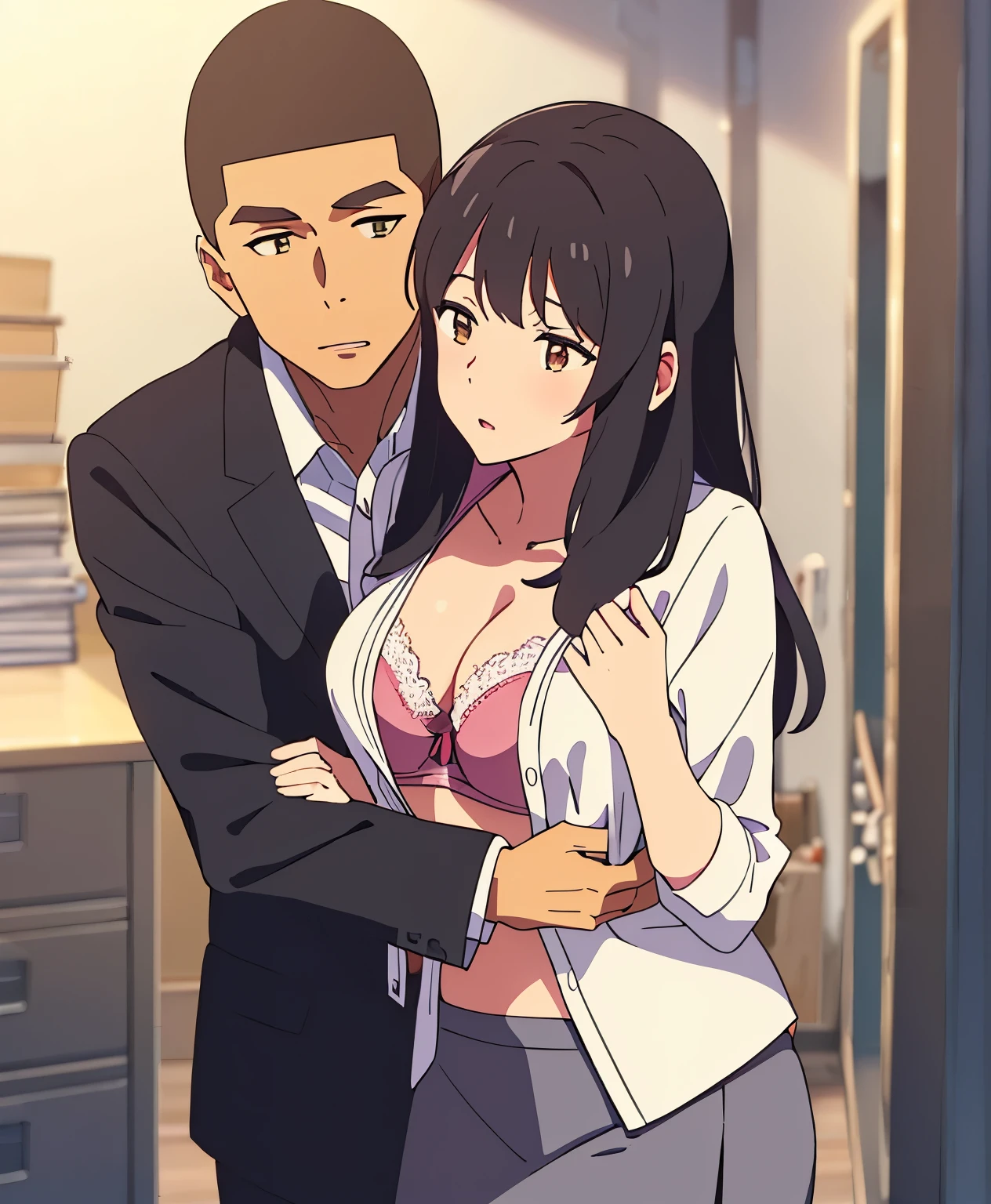 shinkai makoto, kimi no na wa., 1boy, buzzcut,office suit, boy caressing girl's body, kiss cheeks, passionate hug, boy is hugging from behind, breast groping from behind, 1girl, bangs, black hair, open mouth, brown eyes, Twisted Half Up, red ribbon, long hair, yellow blouse, open shirt, unbuttoned shirt, pink bra, cleavage, breast, medium breast, long gray skirt, storage room, indoors, masterpiece, perfect anatomy, cowboyshot