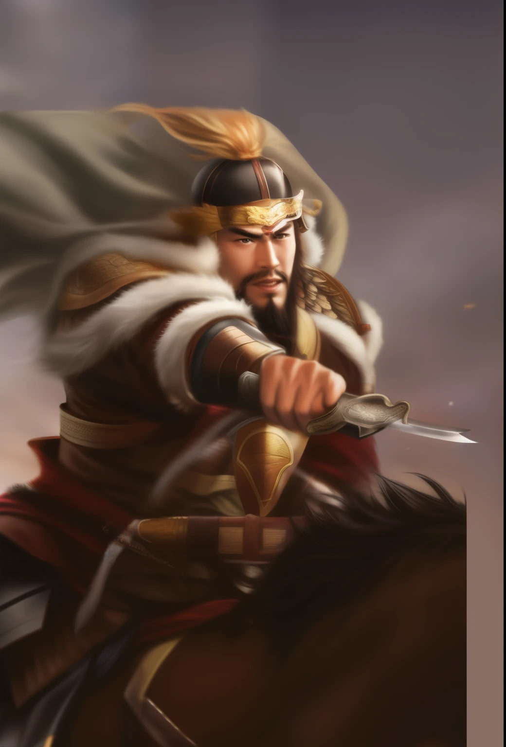 Close-up of a man on horseback holding a sword, Mongol, , Inspired by Hu Zaobin, Three Kingdoms of China, photo of , from the three kingdoms, Guan yu, photo of adult male warrior, Inspired by Li Kan, Inspired by Wu Bin, the great king stovokol, ancient Mongolian elon musk