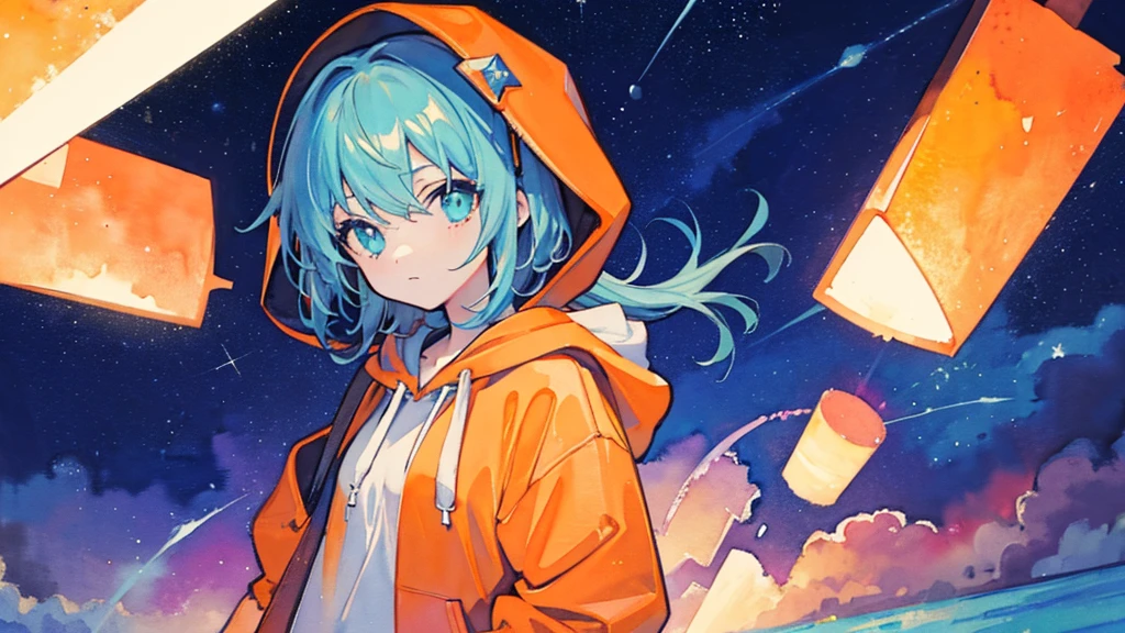(watercolor), (low contrast), (1 girl, hoodie), (starry sky, orange lights)