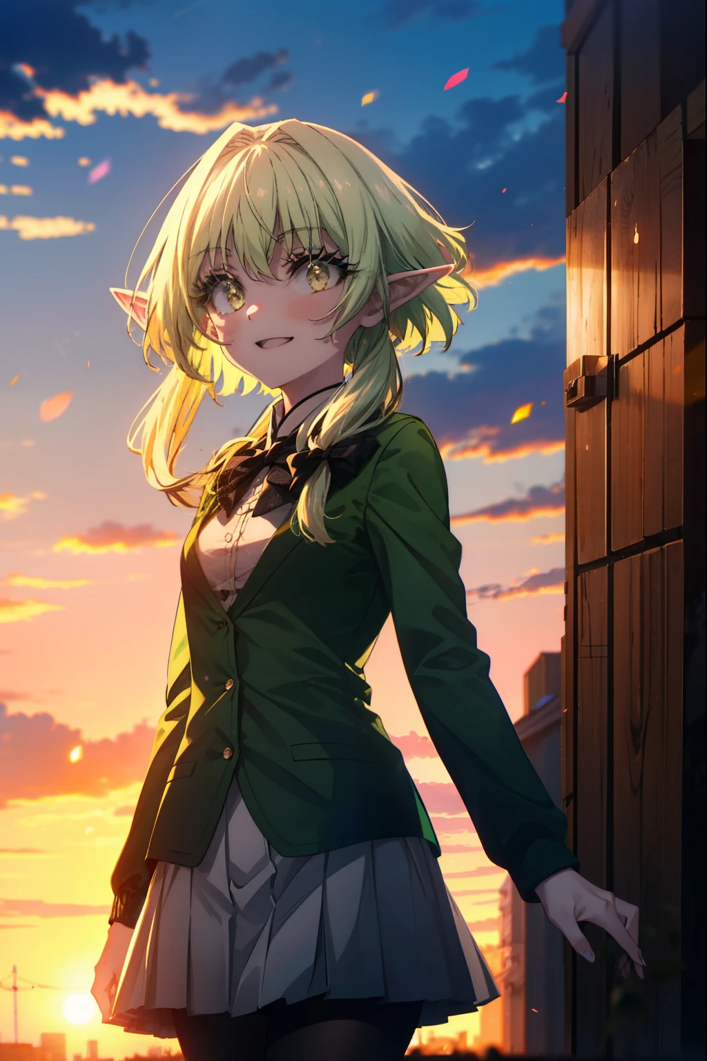 highgoblinarcher, high goblin archer, long hair, (green eyes:1.5), bow, hair bow, black bow, side lock, green hair, pointed ears, happy smile, smile, open your mouth,goblin,White Y-shirt,Green Blazer,Pink cardigan,Green pleated skirt,white pantyhose,brown loafers,walking,sunset,evening,The sun is setting,
break outdoors, In town,building street,
break looking at viewer, (cowboy shot:1.5),
break (masterpiece:1.2), highest quality, High resolution, unity 8k wallpaper, (figure:0.8), (detailed and beautiful eyes:1.6), highly detailed face, perfect lighting, Very detailed CG, (perfect hands, perfect anatomy),
