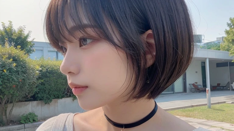 (bob cut hair, profile:1.2),(wearing a choker, wearing a blouse:1.2),1 girl,Japanese,21 years old,(small breasts:1.3),(highest quality,masterpiece:1.3,超A high resolution,),(Super detailed,caustics),(Photoreal:1.4,RAW shooting,)ultra-realistic capture,very detailed,High resolution 16K human skin close-up。 natural skin texture、,The pores are、、、、、、Must be detailed enough to be easily identified。 Skin should look even-toned and healthy。 Use natural light and color, sad expression, look at the camera, perfect dynamic composition, outdoor