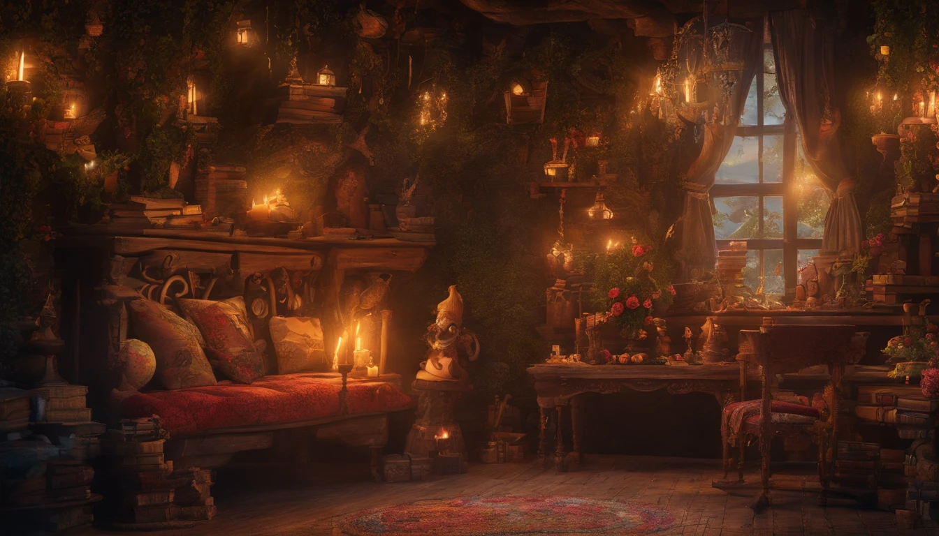 The living room of the fairy house at midnight, a rustic wooden sofa with handmade cushions and blankets, warm drinks on a table decorated with jewels and flowers, the soft light of a light fixture made of natural materials, a small bookcase in the corner of the room with ancient books and magical scrolls where knowledge and secrets lie, decorated with natural materials, jewels and flowers throughout the room, an atmosphere of fantasy and mystery.  very realistic、photograph、one person perspective、super detail、high detail、high quality、8K、