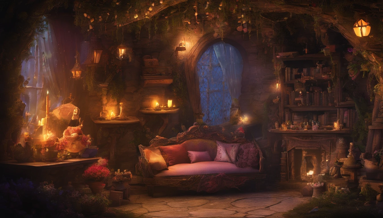 The living room of the fairy house at midnight, a rustic wooden sofa with handmade cushions and blankets, warm drinks on a table decorated with jewels and flowers, the soft light of a light fixture made of natural materials, a small bookcase in the corner of the room with ancient books and magical scrolls where knowledge and secrets lie, decorated with natural materials, jewels and flowers throughout the room, an atmosphere of fantasy and mystery. very realistic、photograph、one person perspective、super detail、high detail、high quality、8K、